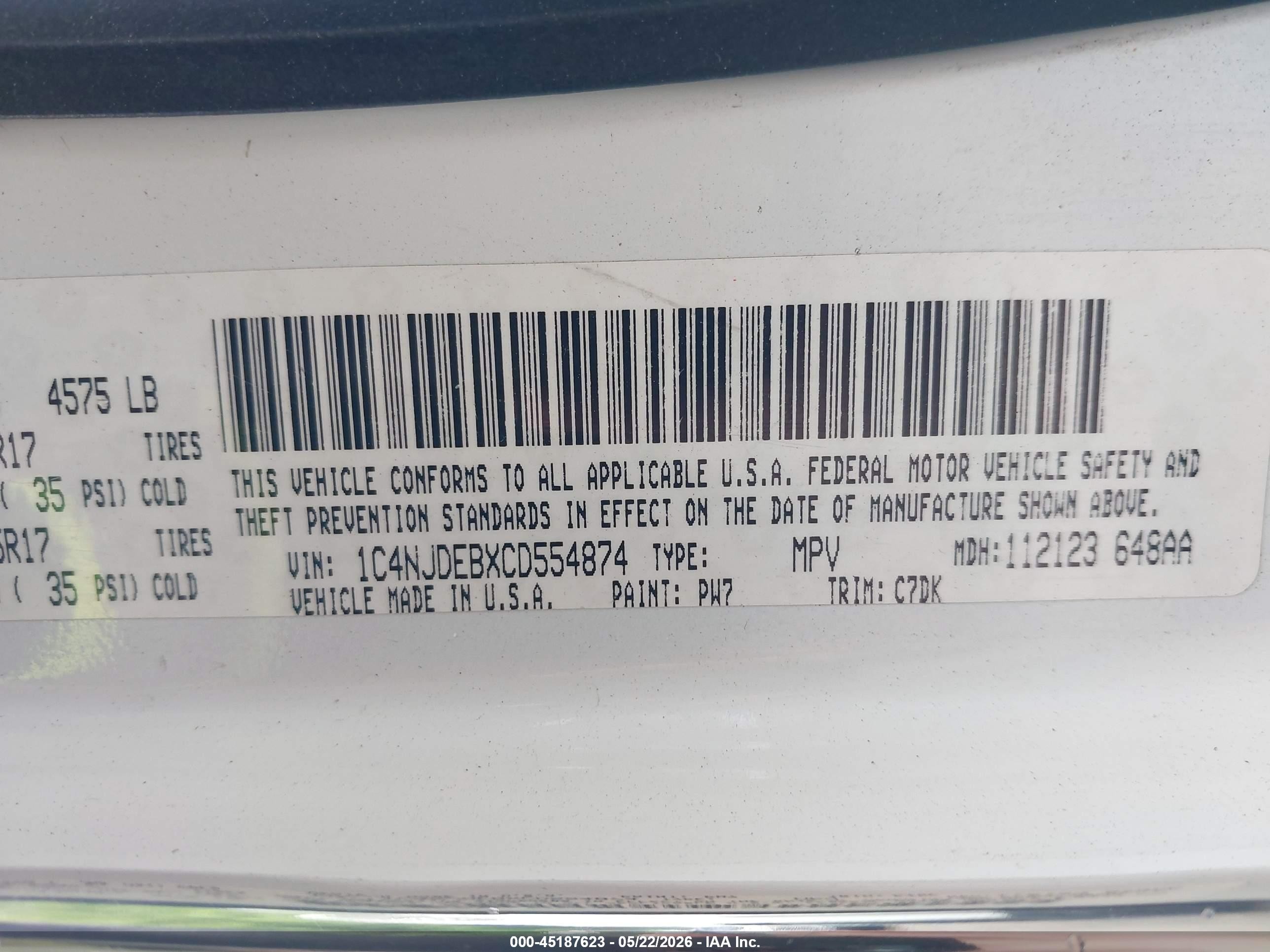 2012 Jeep Compass Latitude White vin: 1C4NJDEBXCD554874