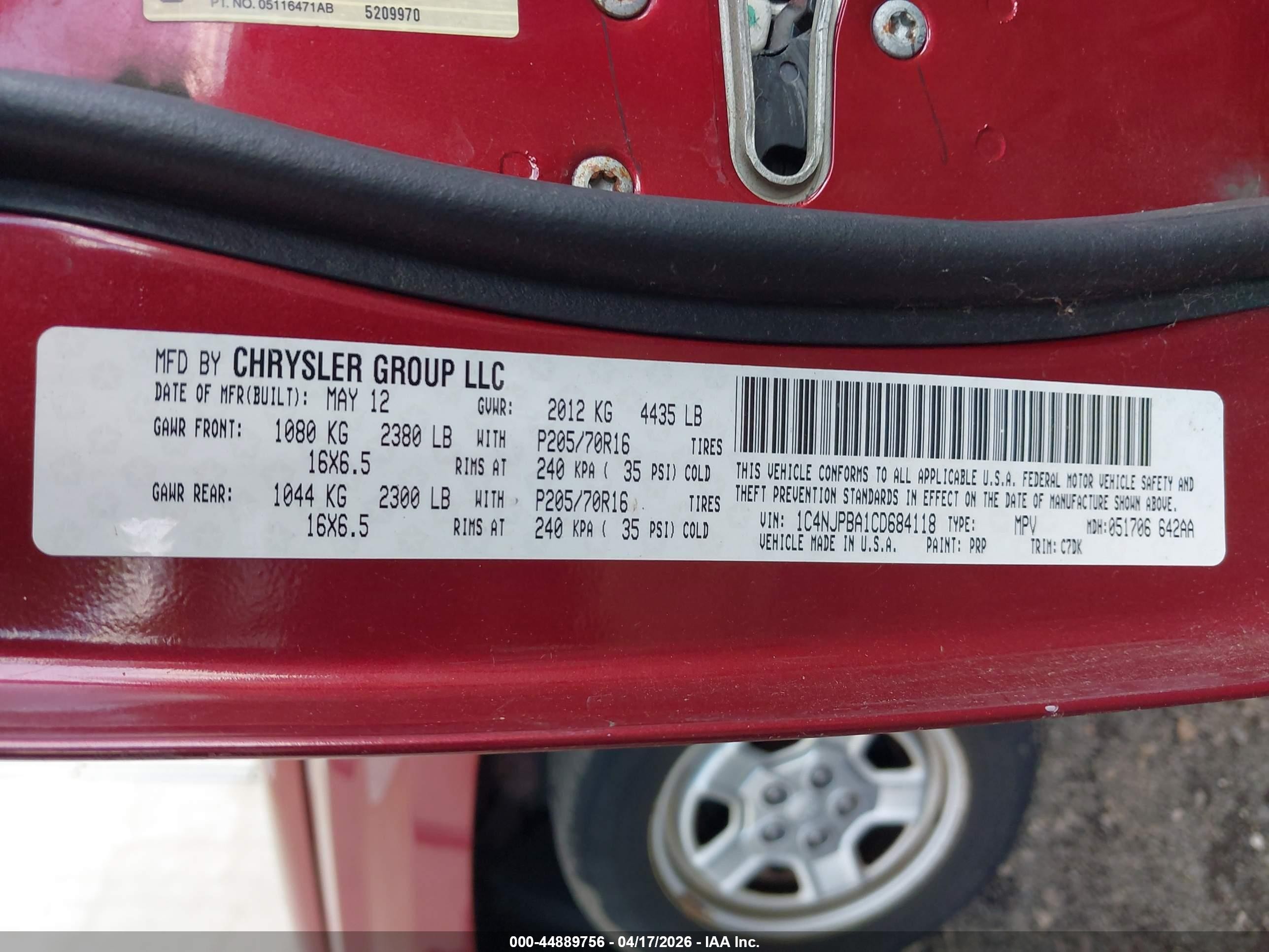 2012 Jeep Patriot Sport Red vin: 1C4NJPBA1CD684118