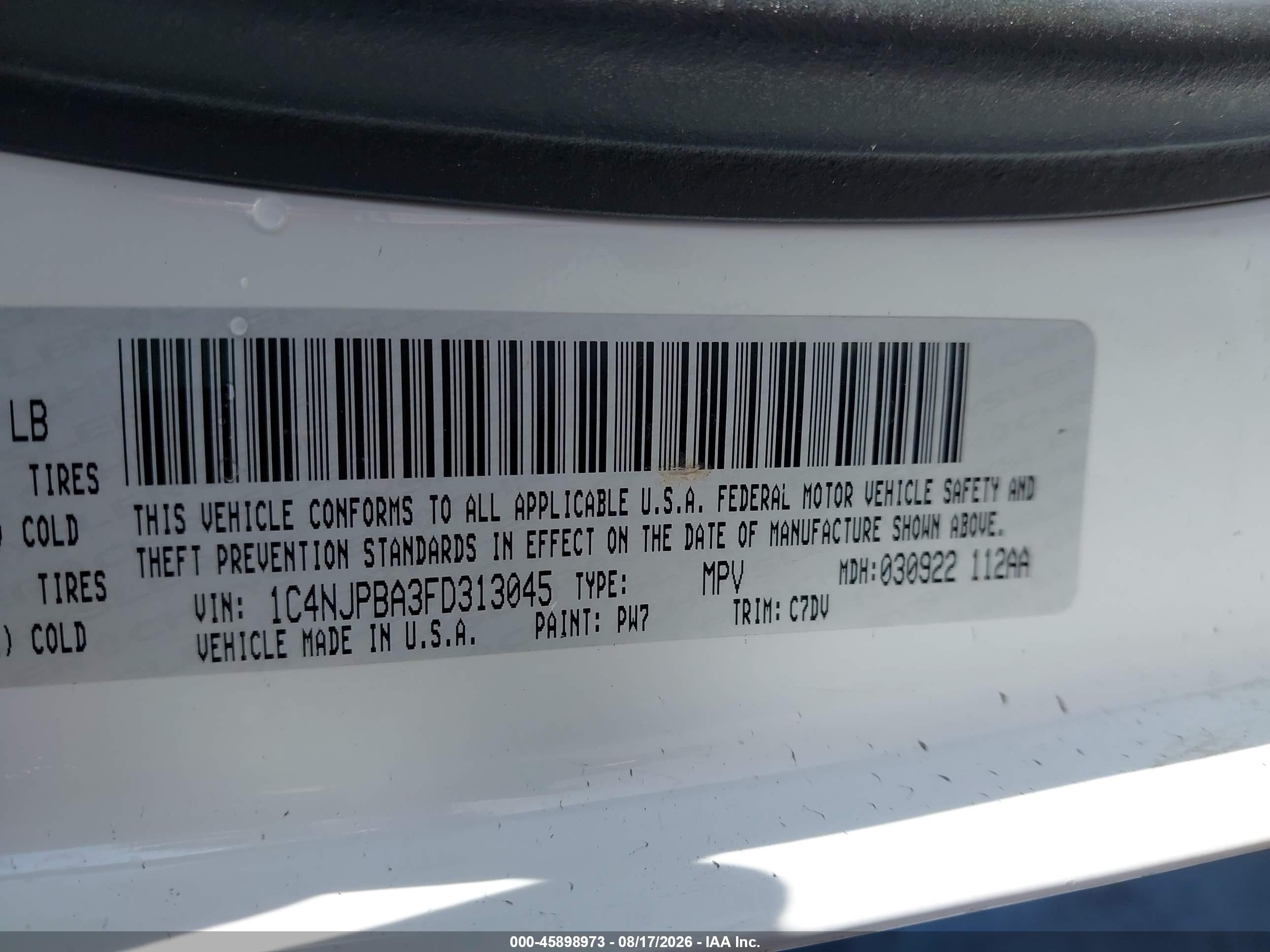 2015 Jeep Patriot Sport White vin: 1C4NJPBA3FD313045