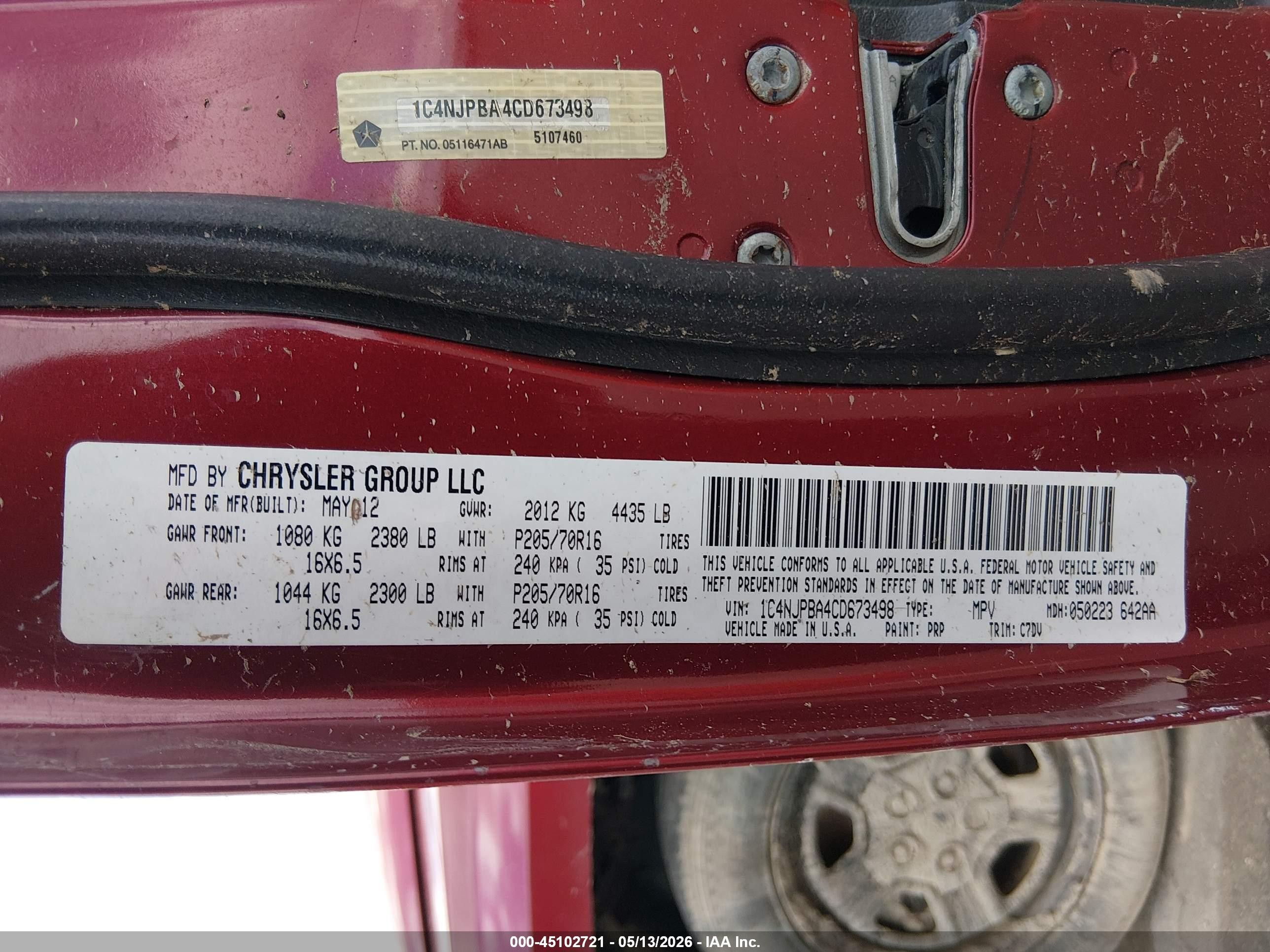 2012 Jeep Patriot Sport Red vin: 1C4NJPBA4CD673498