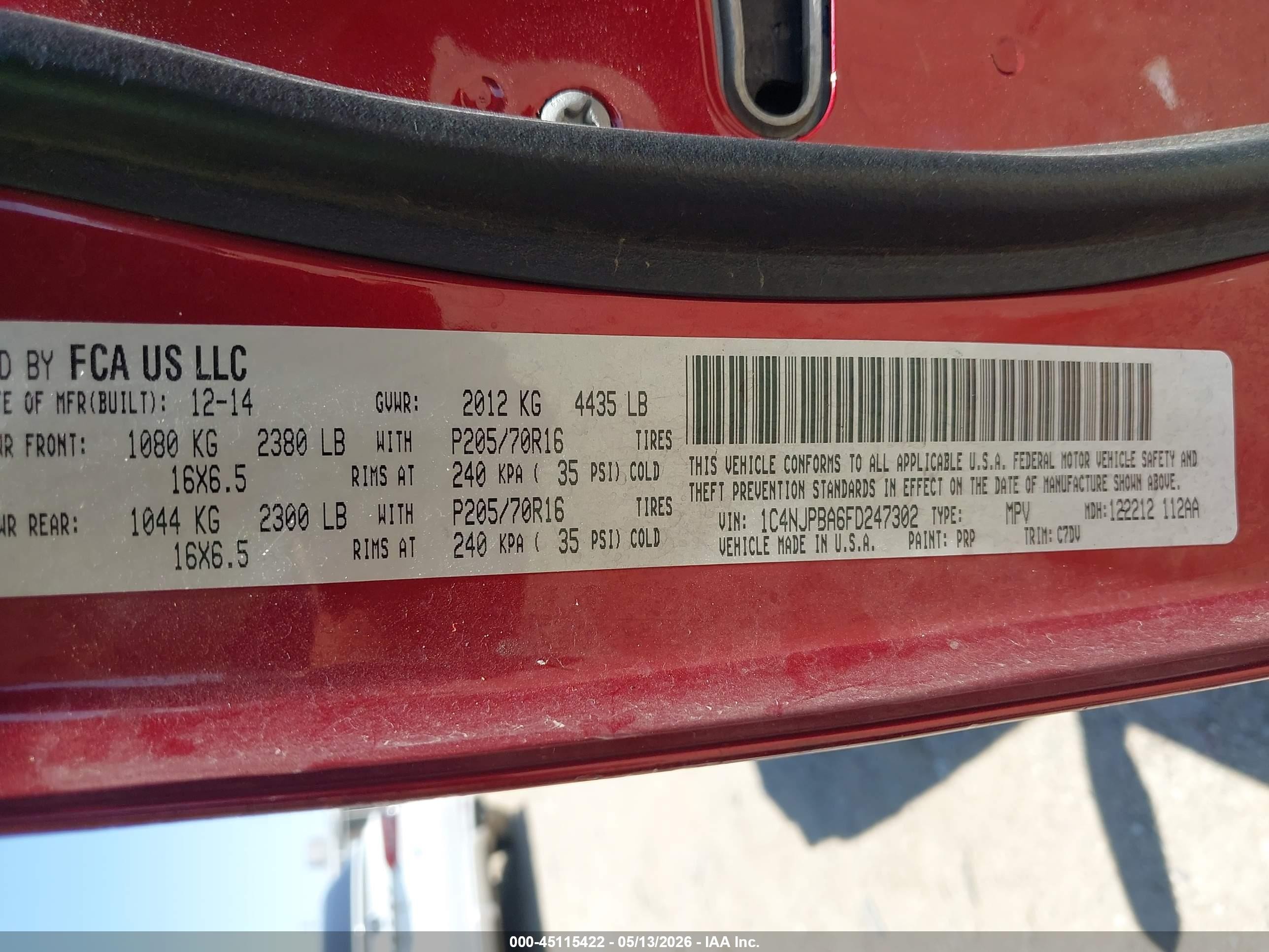 2015 Jeep Patriot Sport Red vin: 1C4NJPBA6FD247302