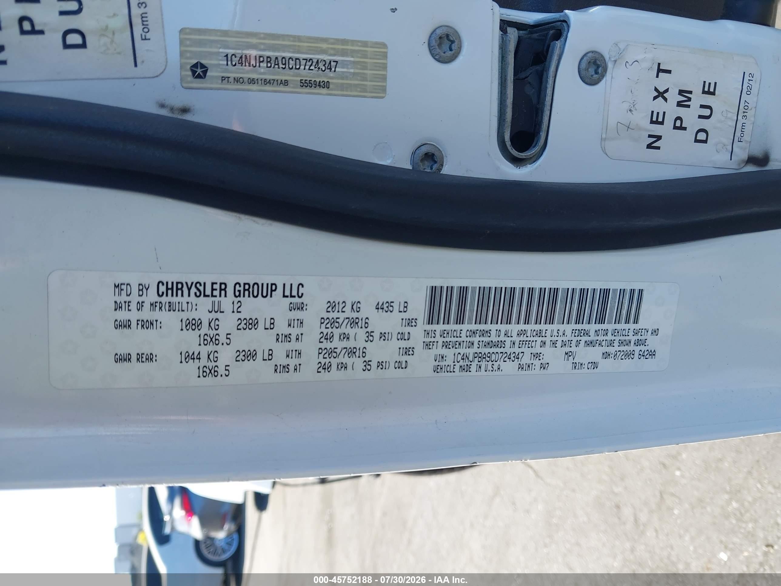 2012 Jeep Patriot Sport White vin: 1C4NJPBA9CD724347