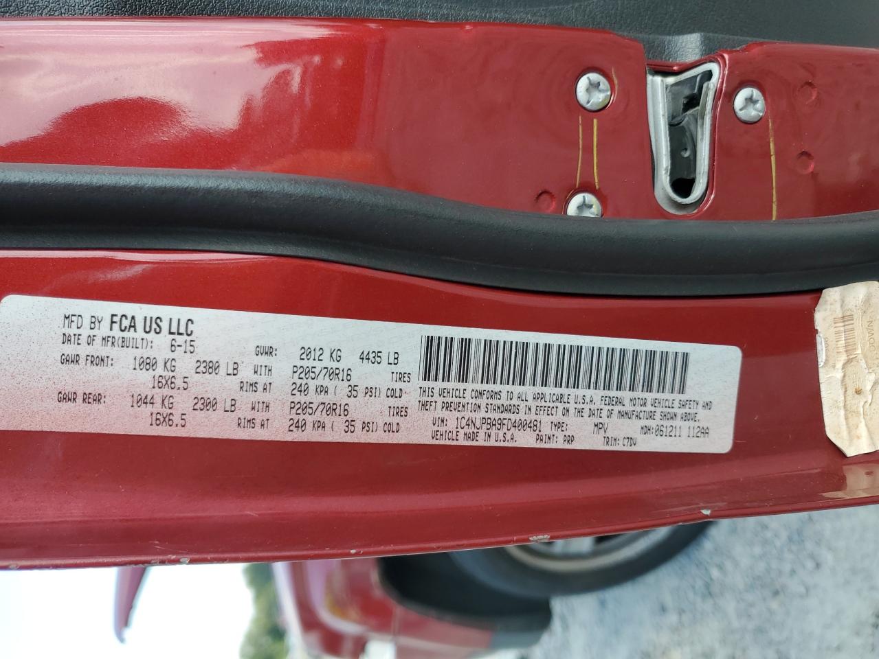 2015 Jeep Patriot Sport Red vin: 1C4NJPBA9FD400481