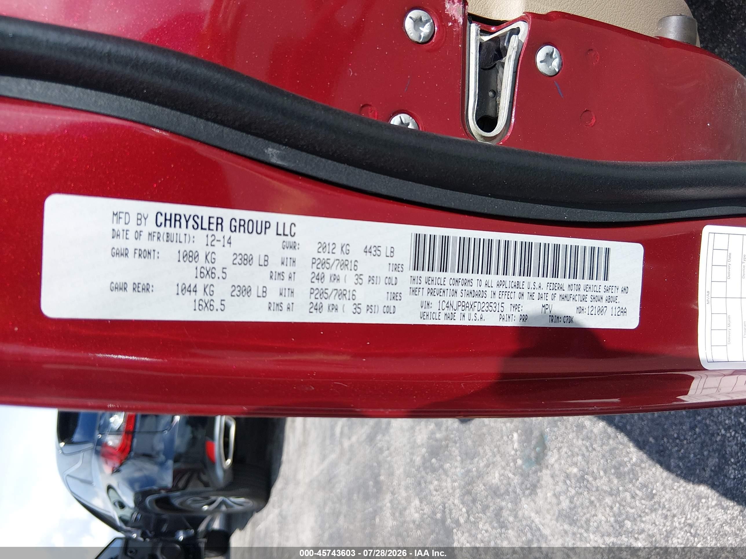 2015 Jeep Patriot Sport Red vin: 1C4NJPBAXFD235315