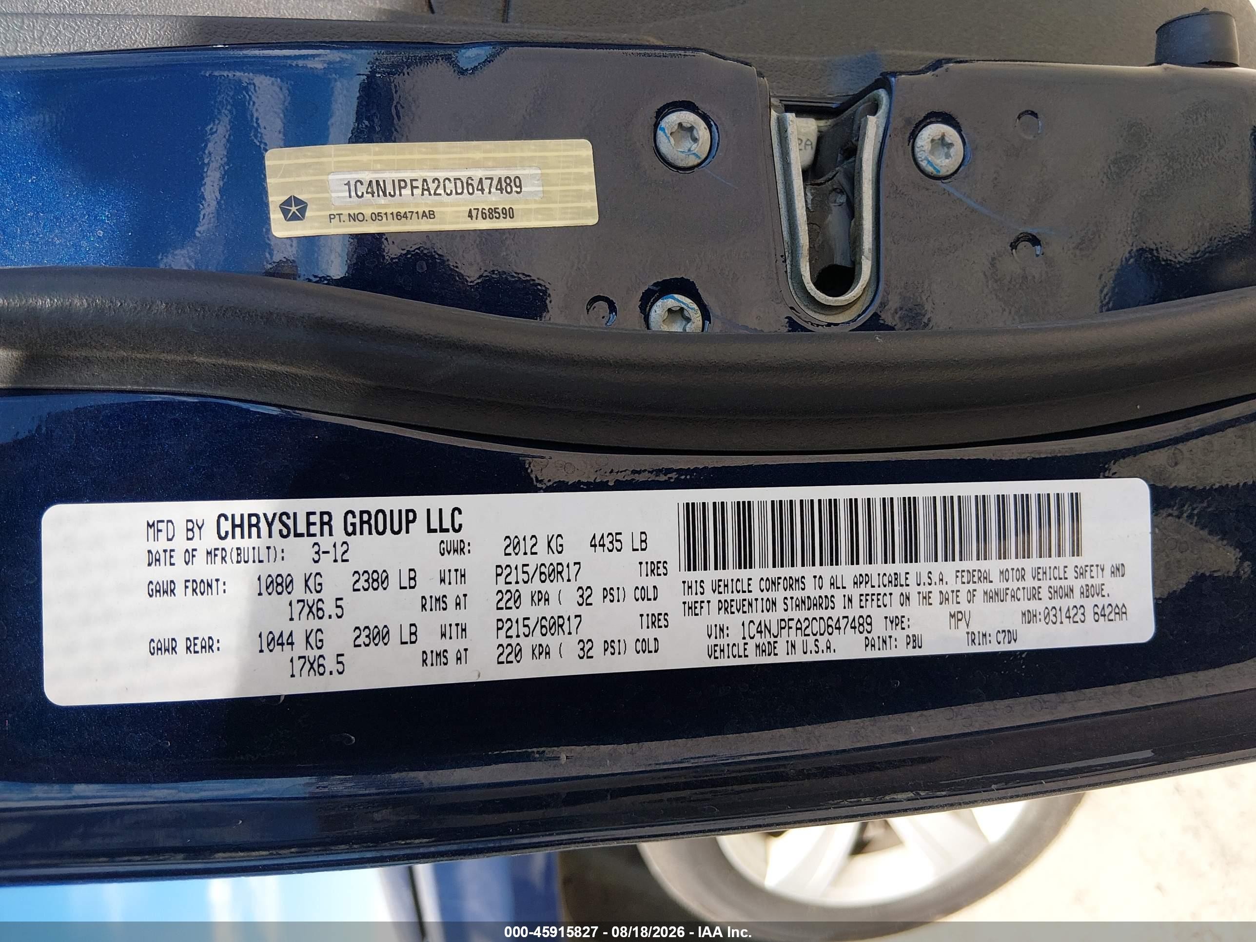 2012 Jeep Patriot Latitude Blue vin: 1C4NJPFA2CD647489