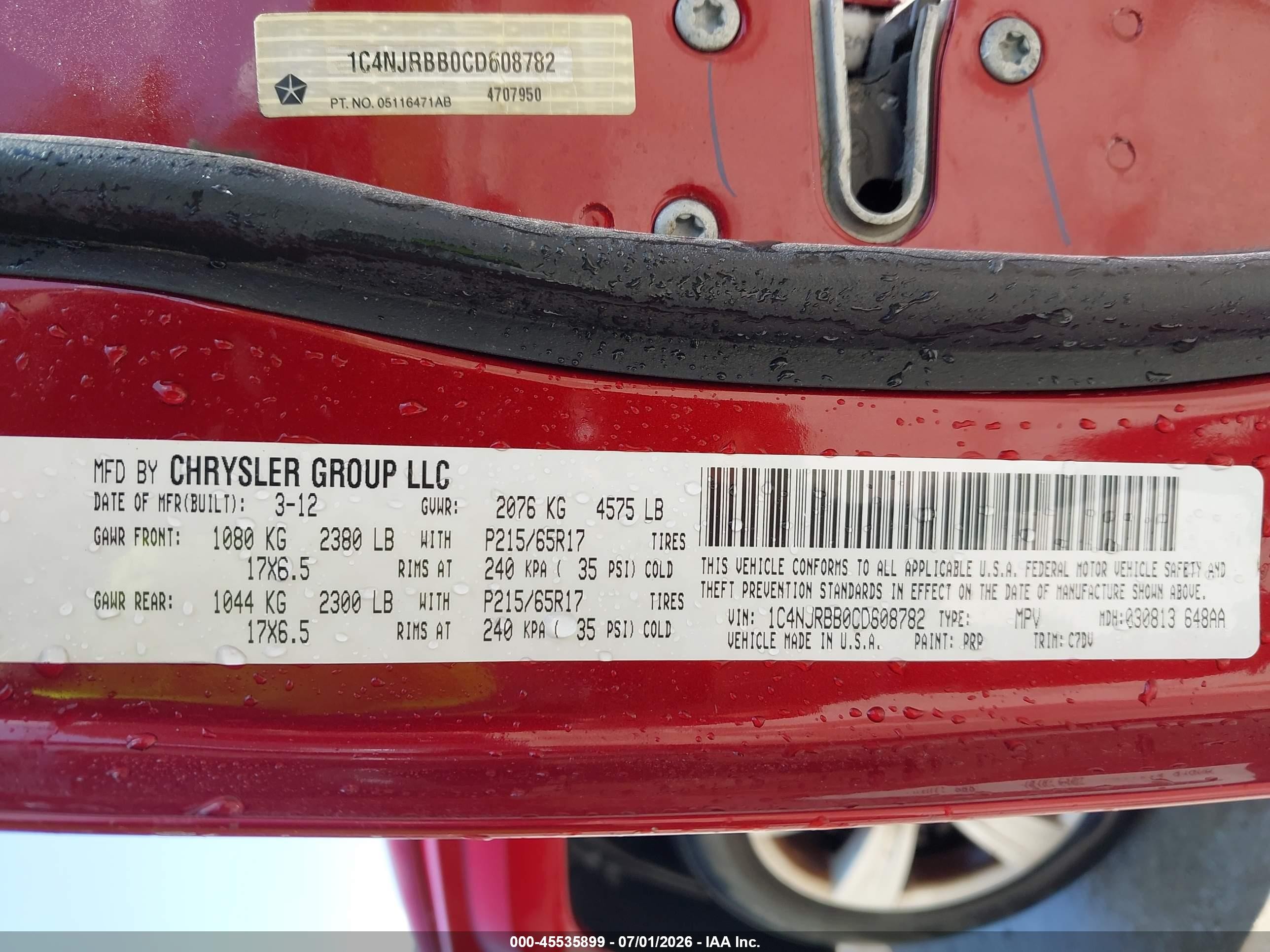2012 Jeep Patriot Sport Red vin: 1C4NJRBB0CD608782