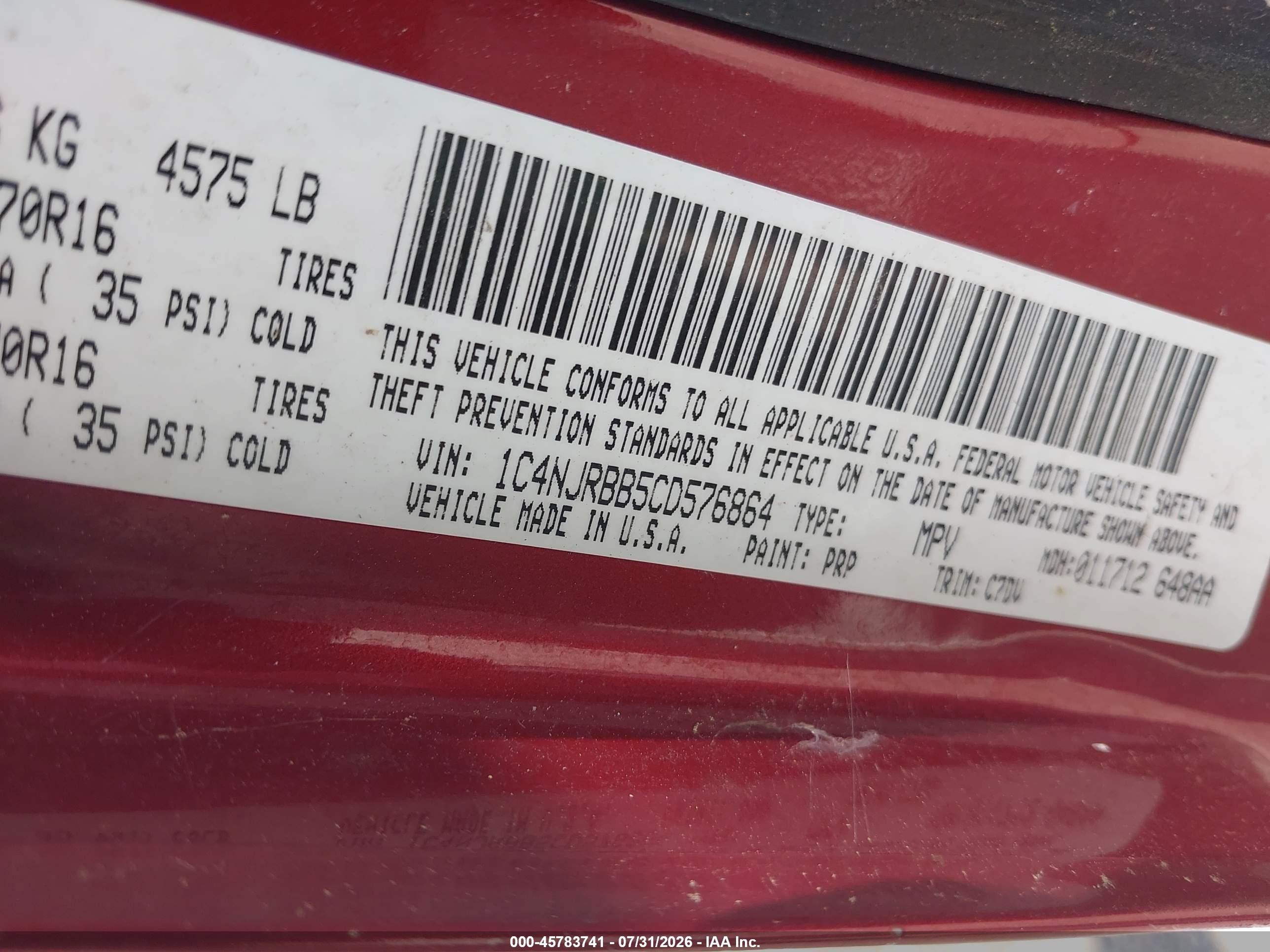 2012 Jeep Patriot Sport Red vin: 1C4NJRBB5CD576864