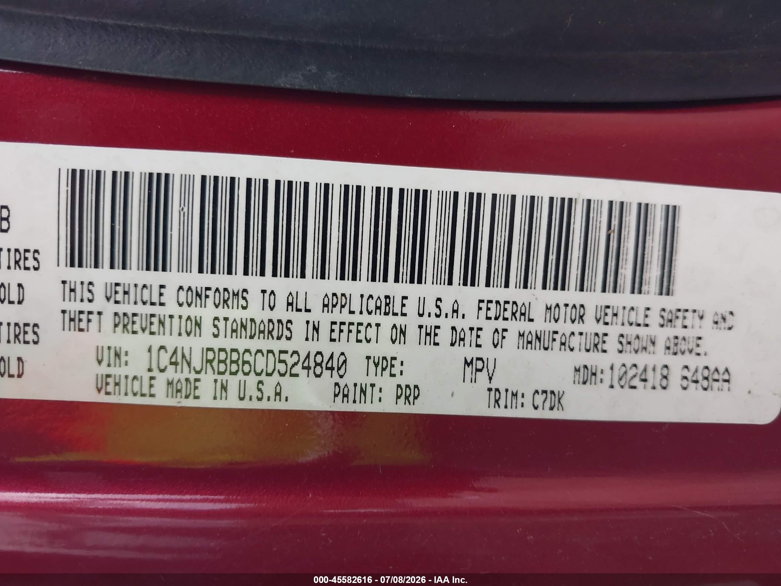 2012 Jeep Patriot Sport Red vin: 1C4NJRBB6CD524840