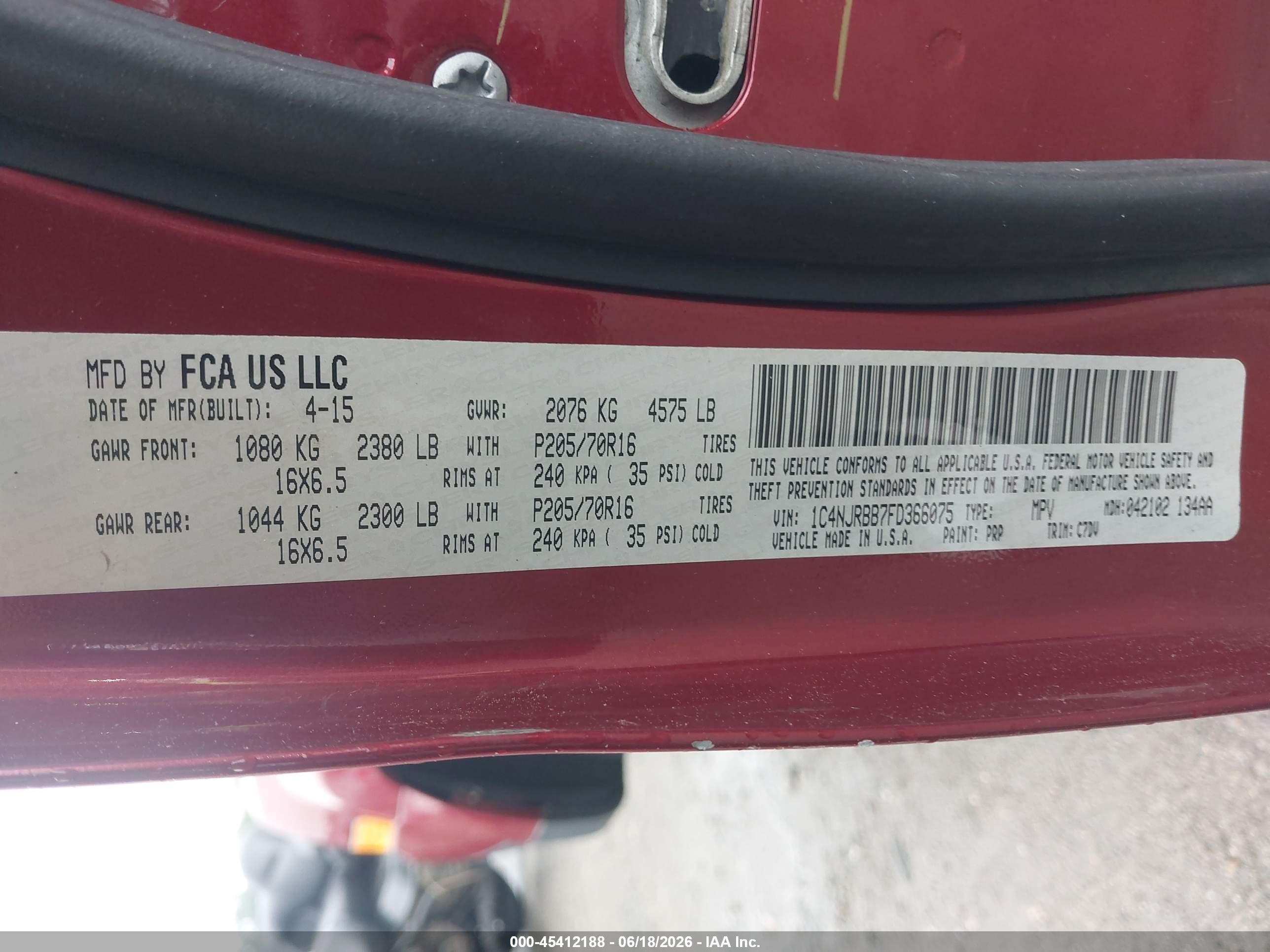 2015 Jeep Patriot Sport Red vin: 1C4NJRBB7FD366075