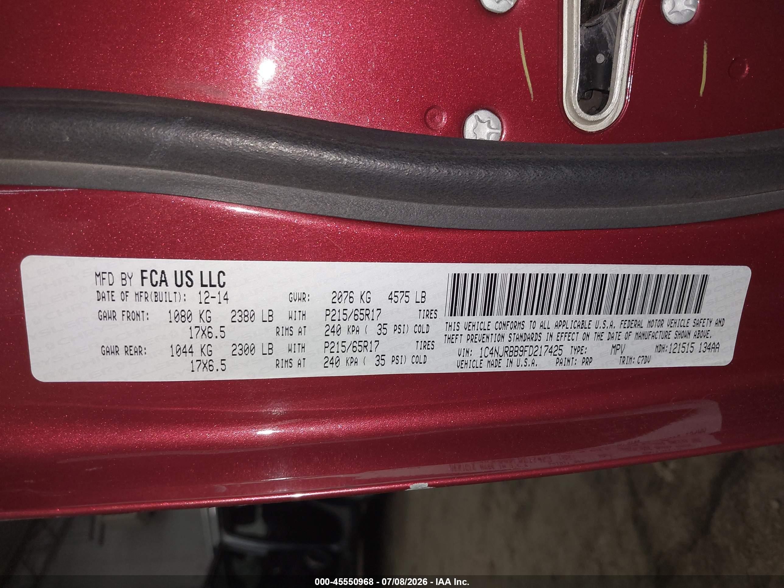2015 Jeep Patriot Sport Red vin: 1C4NJRBB9FD217425