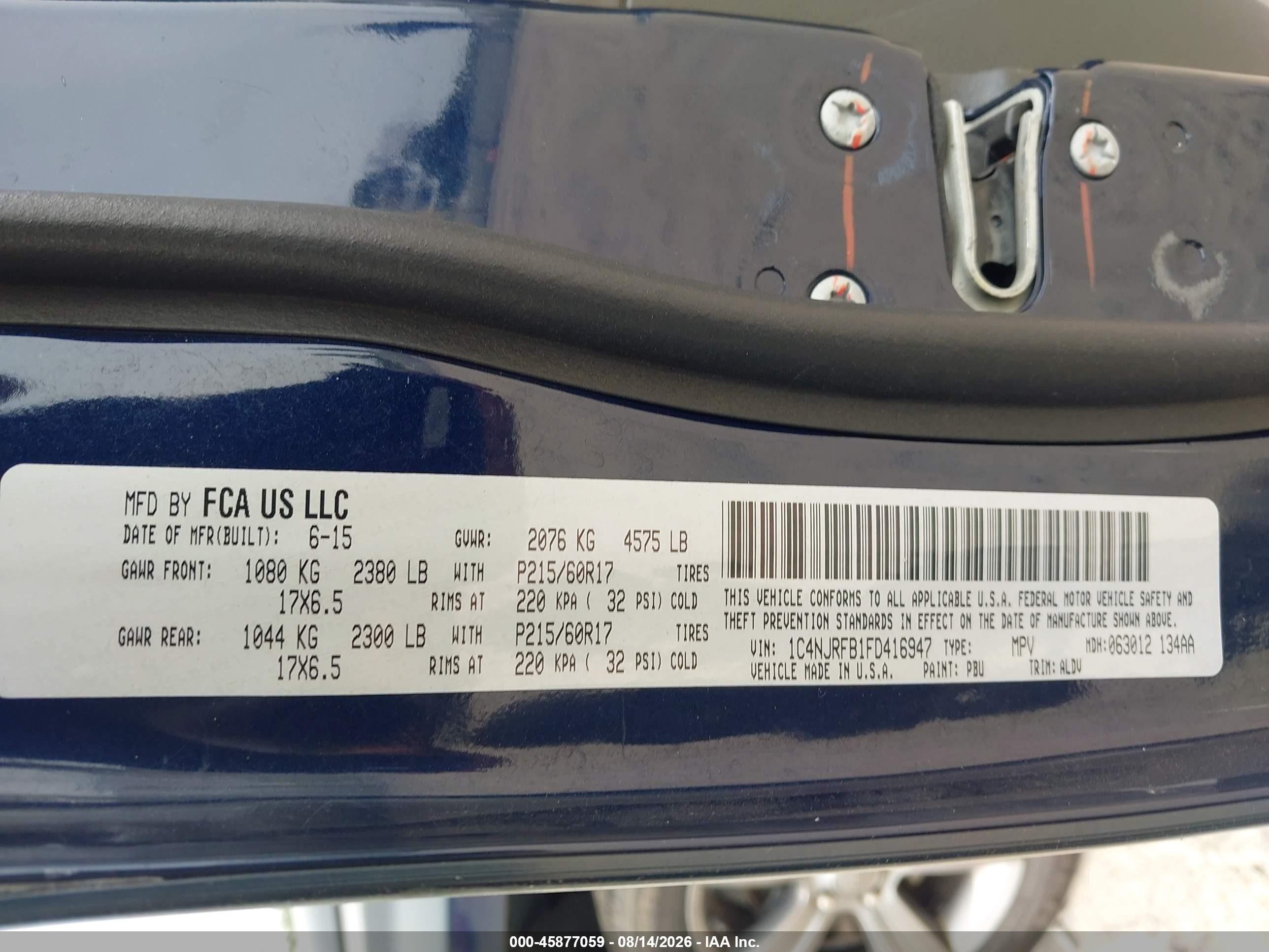 2015 Jeep Patriot High Altitude Edition Blue vin: 1C4NJRFB1FD416947
