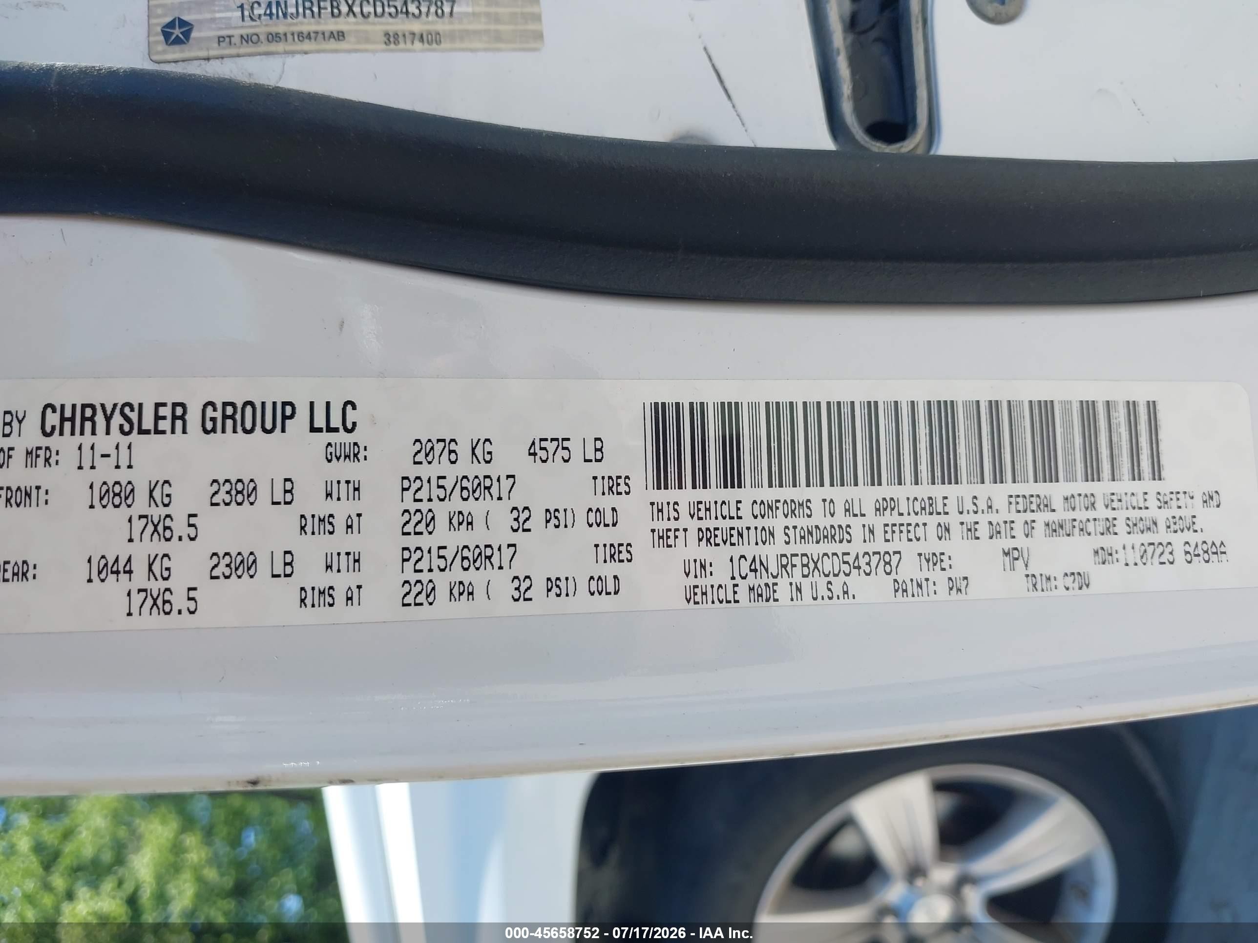 2012 Jeep Patriot Latitude Белый vin: 1C4NJRFBXCD543787