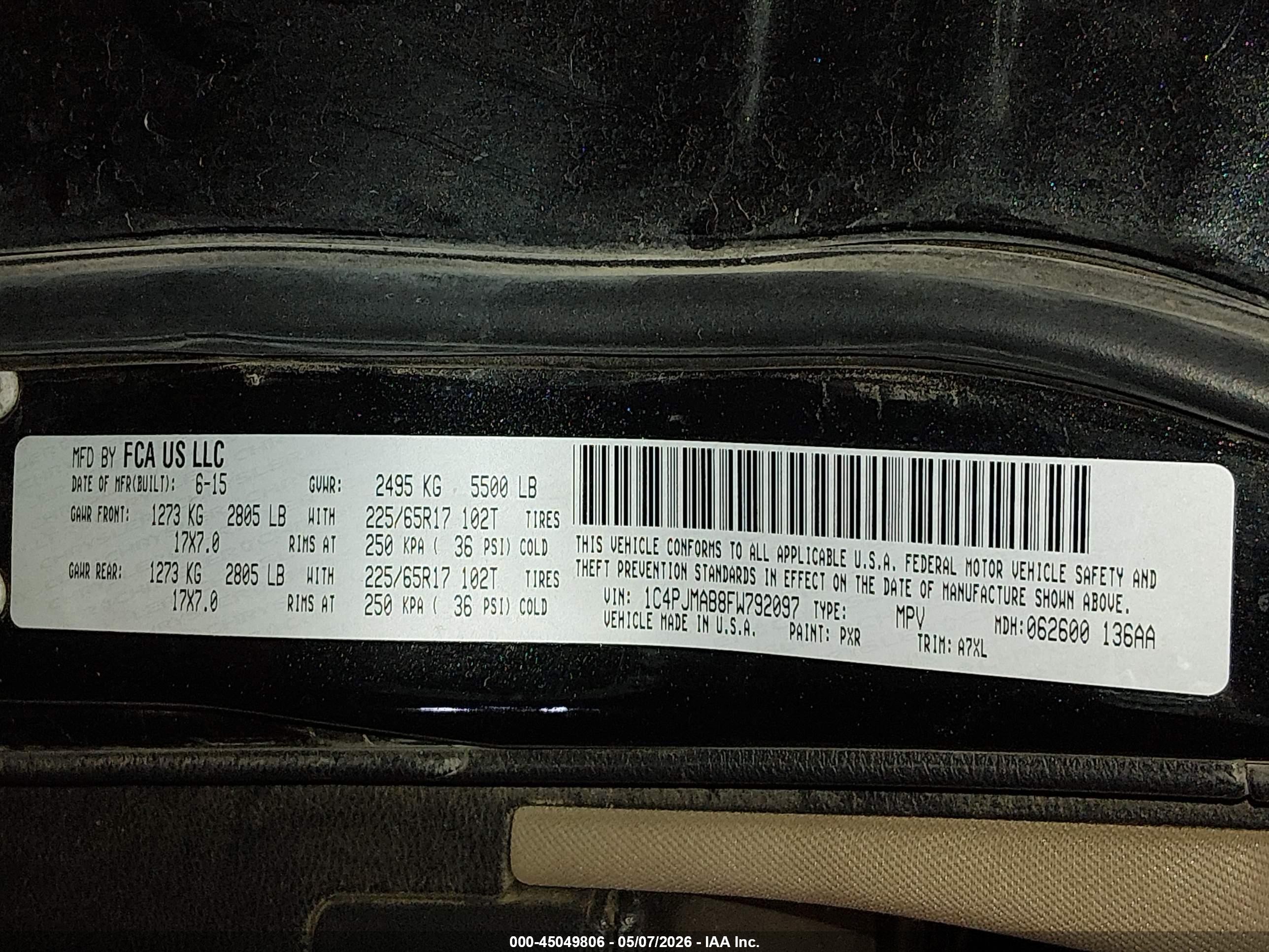 2015 Jeep Cherokee Sport Black vin: 1C4PJMAB8FW792097