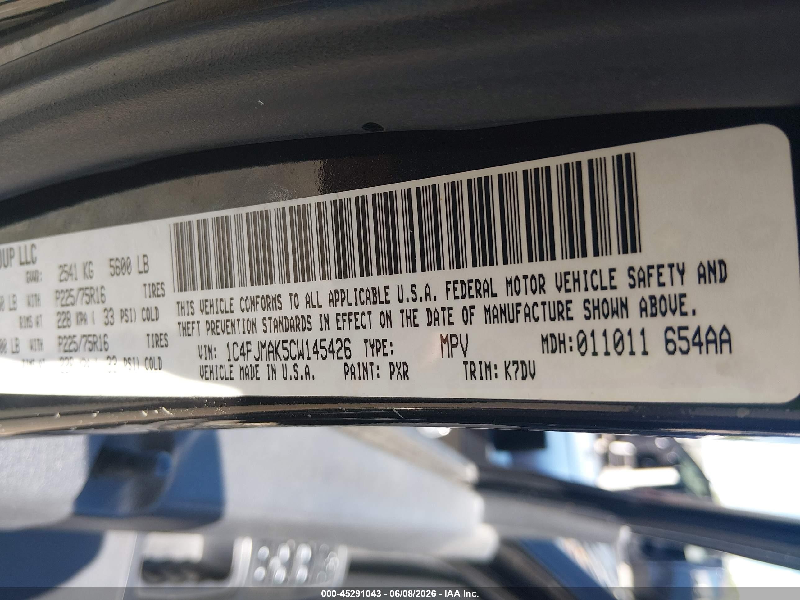 2012 Jeep Liberty Sport Черный vin: 1C4PJMAK5CW145426
