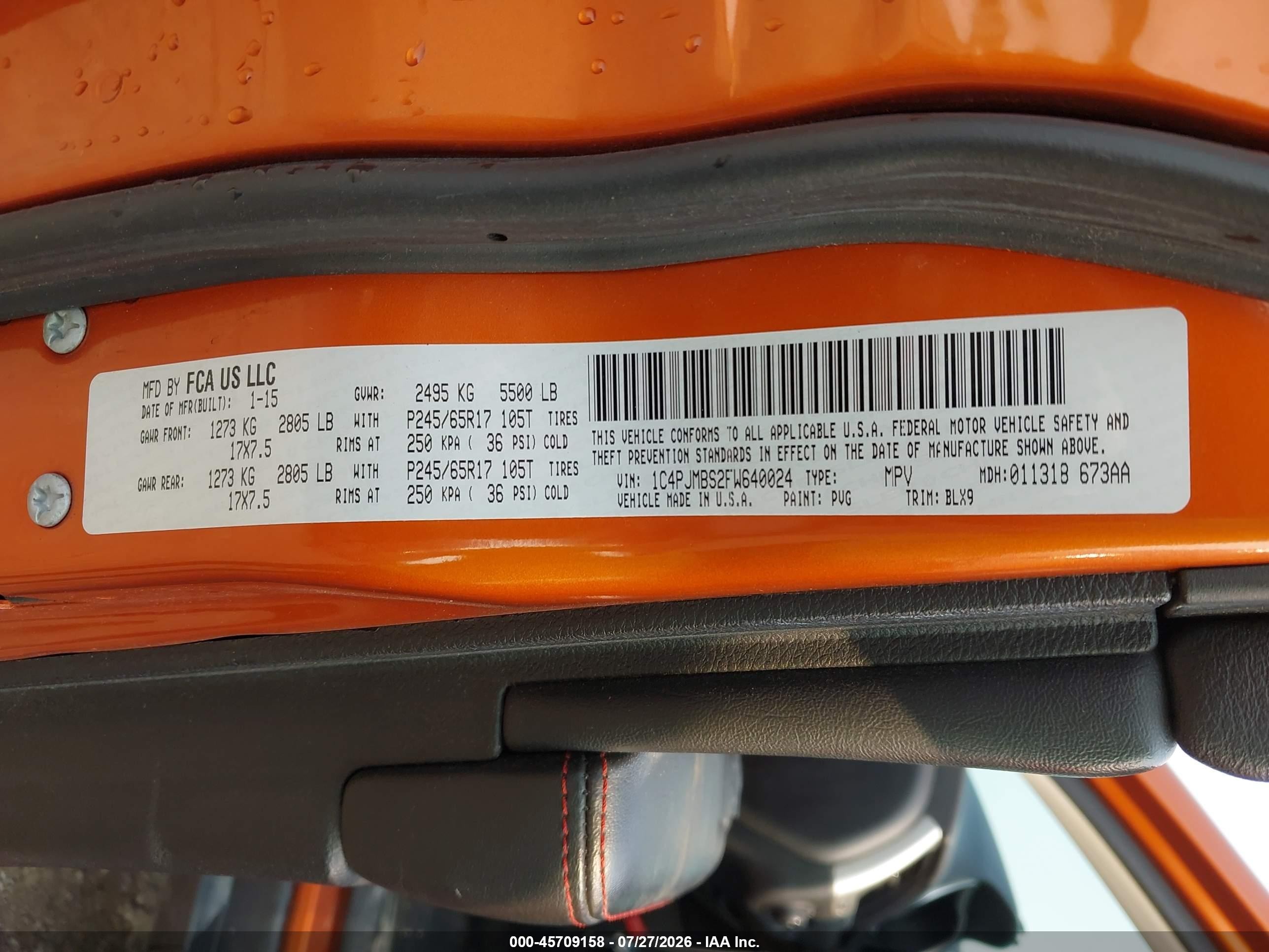 2015 Jeep Cherokee Trailhawk Orange vin: 1C4PJMBS2FW640024