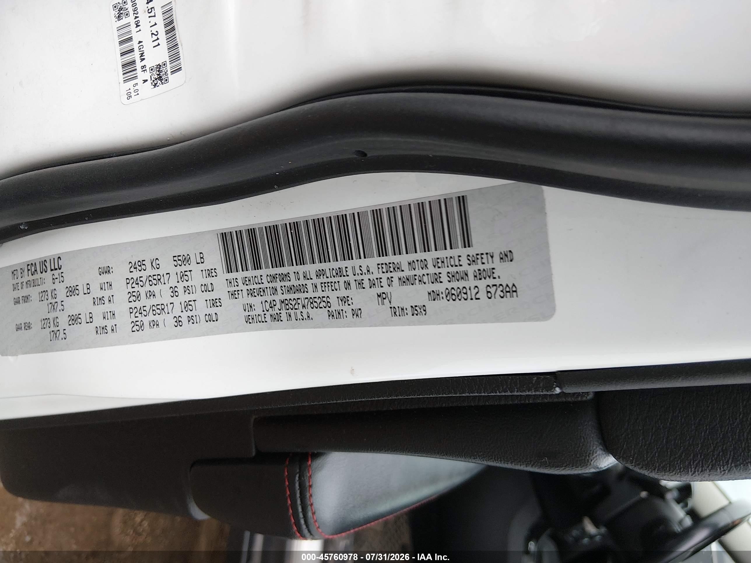 2015 Jeep Cherokee   White vin: 1C4PJMBS2FW785256