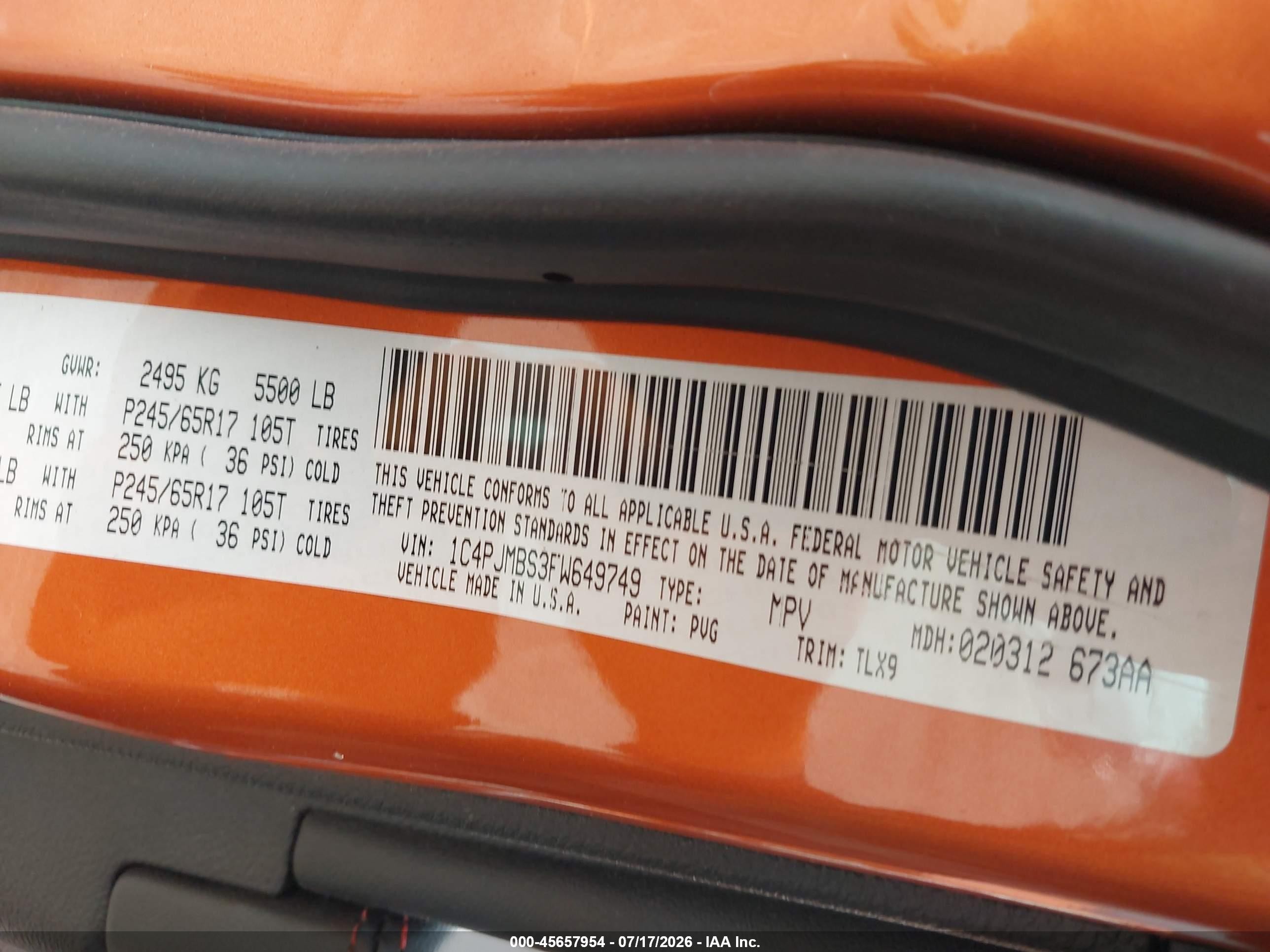 2015 Jeep Cherokee   Orange vin: 1C4PJMBS3FW649749