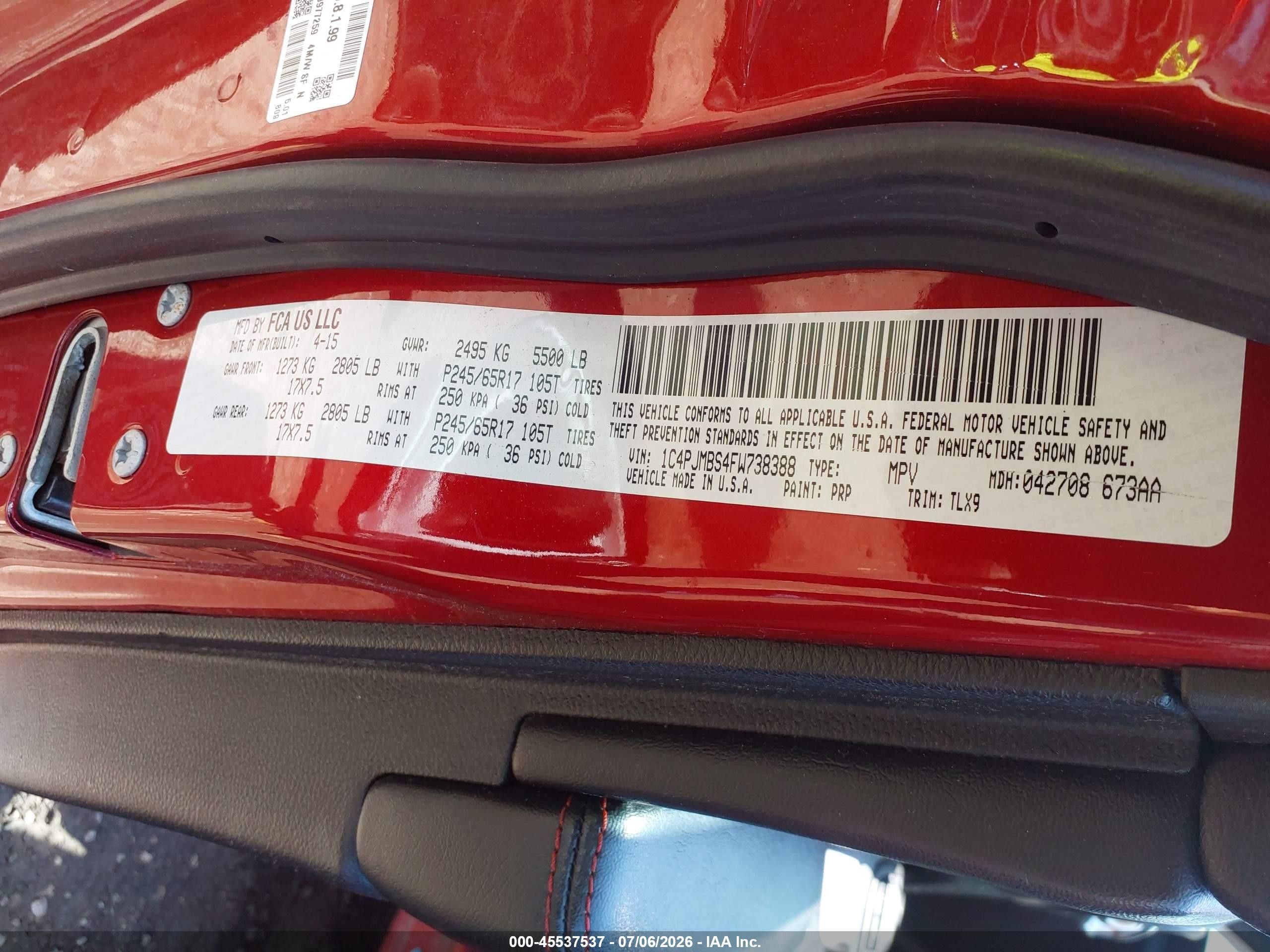2015 Jeep Cherokee Trailhawk Red vin: 1C4PJMBS4FW738388