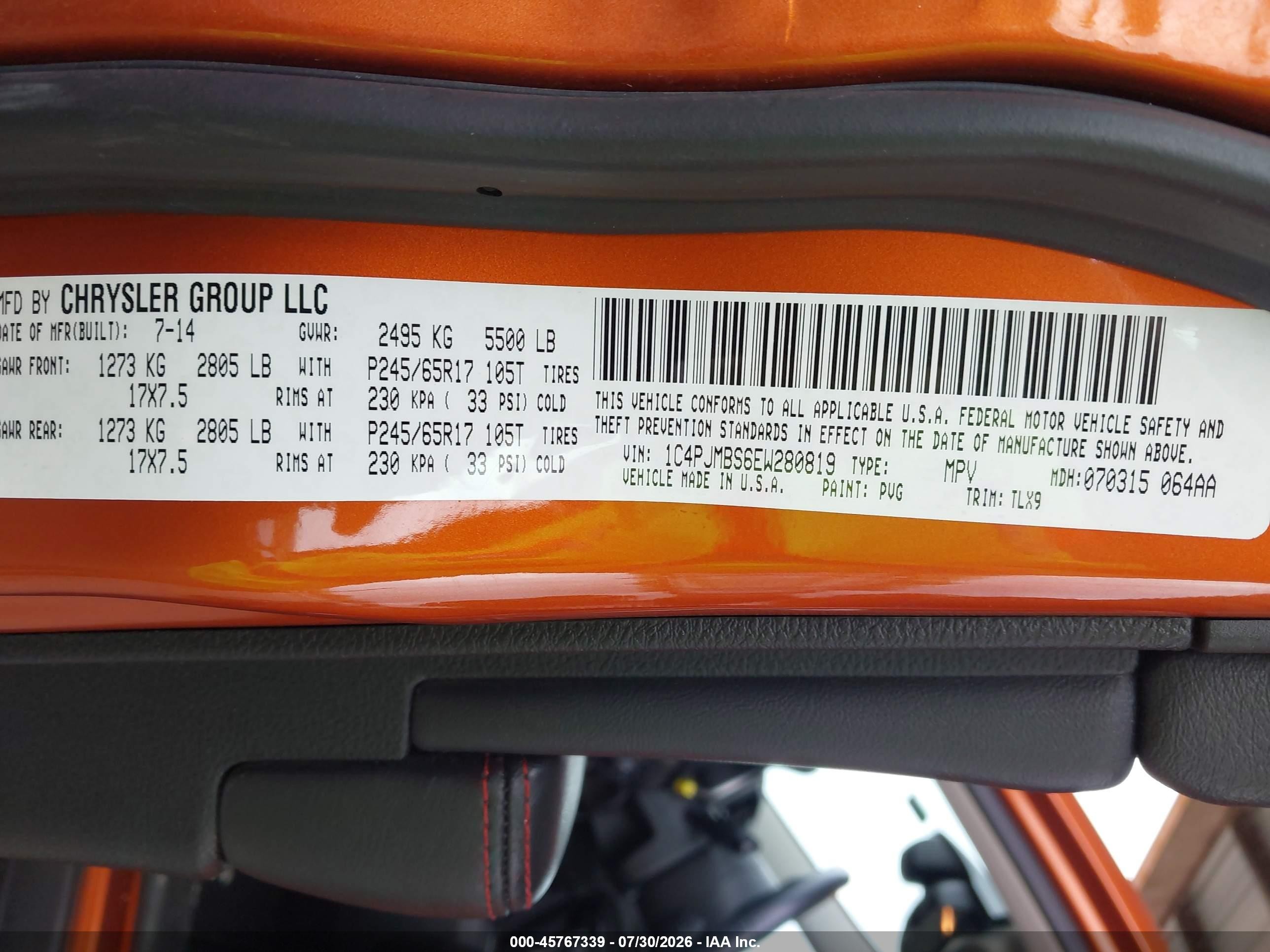 2014 Jeep Cherokee Trailhawk Orange vin: 1C4PJMBS6EW280819