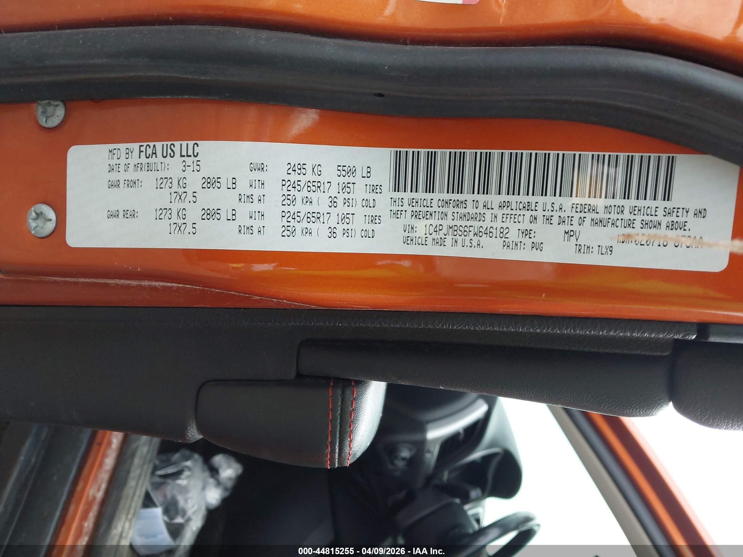 2015 Jeep Cherokee Trailhawk Orange vin: 1C4PJMBS6FW646182