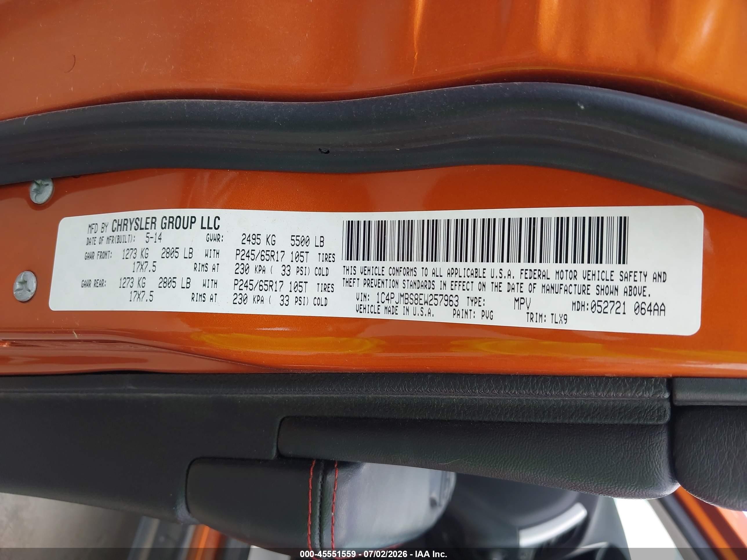 2014 Jeep Cherokee Trailhawk Orange vin: 1C4PJMBS8EW257963