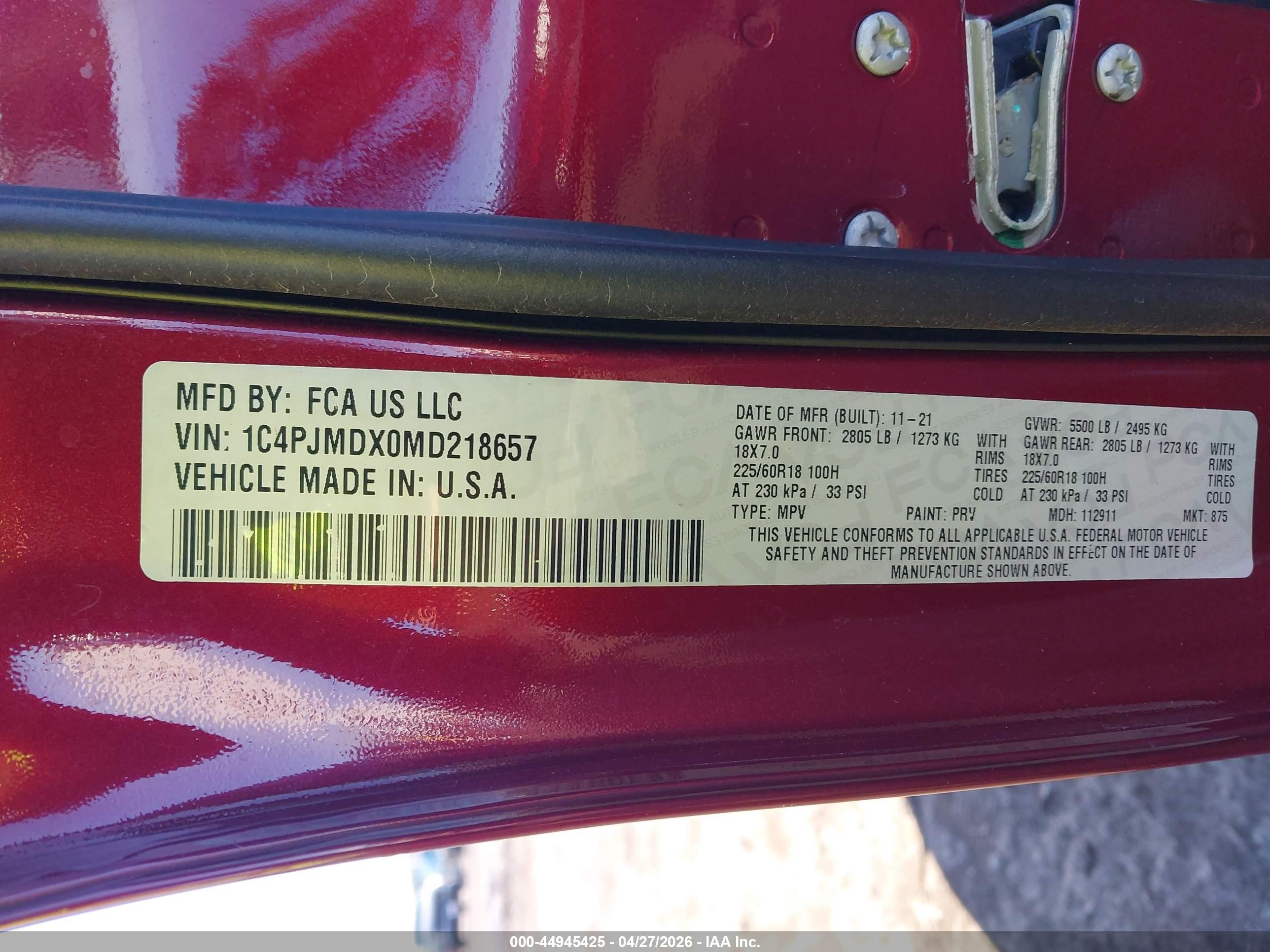 2021 Jeep Cherokee Limited 4x4 Red vin: 1C4PJMDX0MD218657