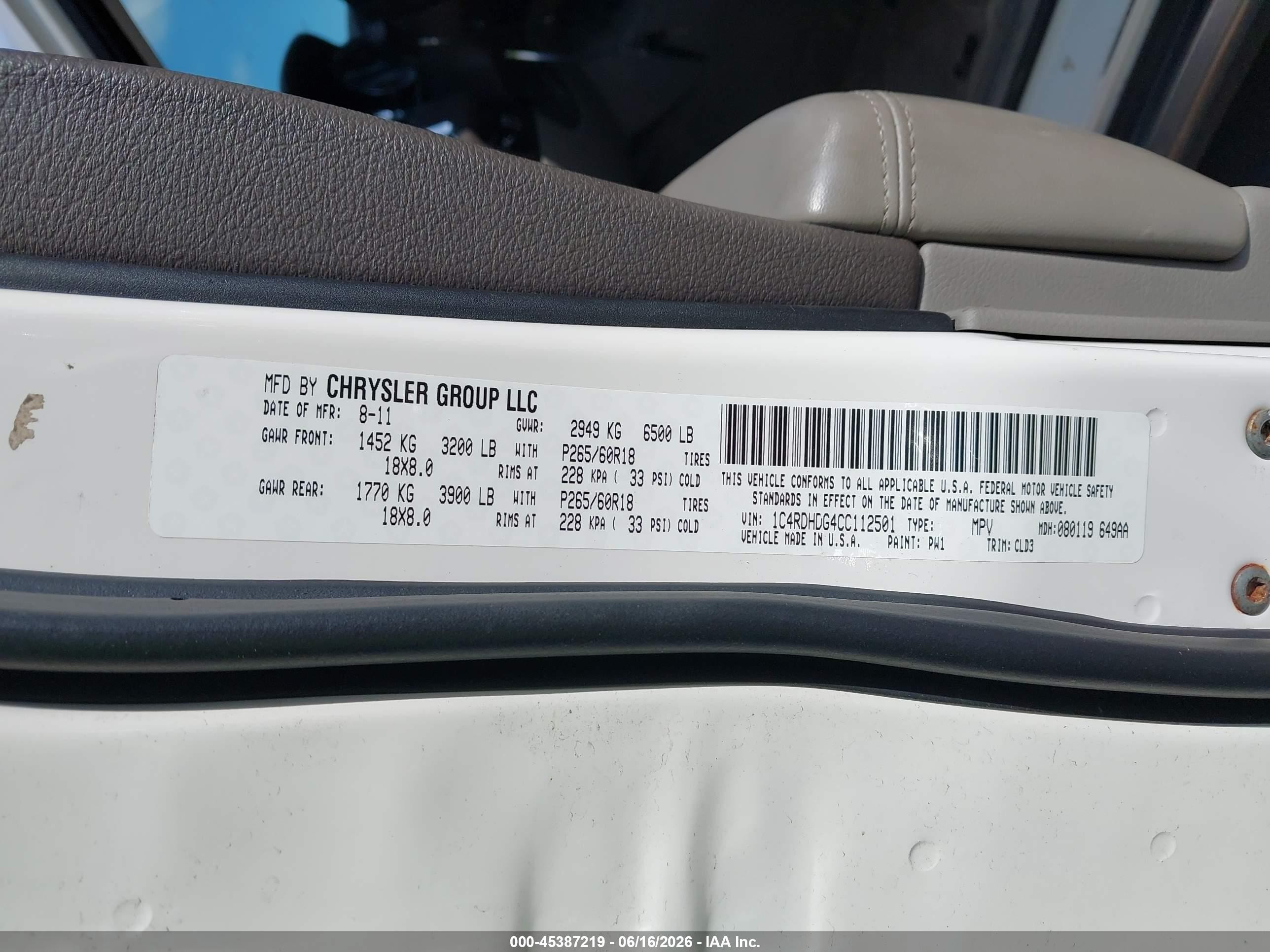 2012 Dodge Durango Crew White vin: 1C4RDHDG4CC112501