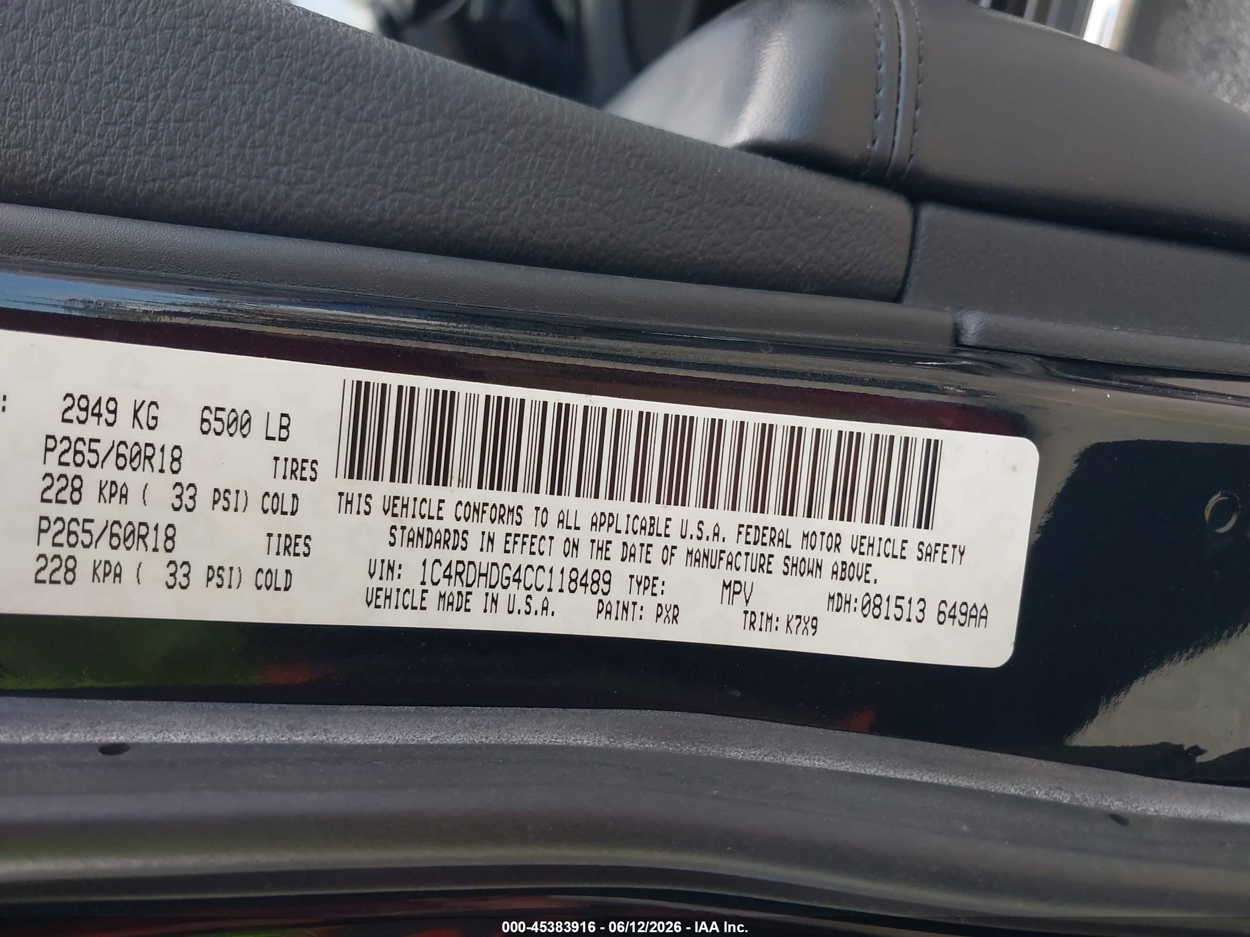 2012 Dodge Durango Crew Black vin: 1C4RDHDG4CC118489