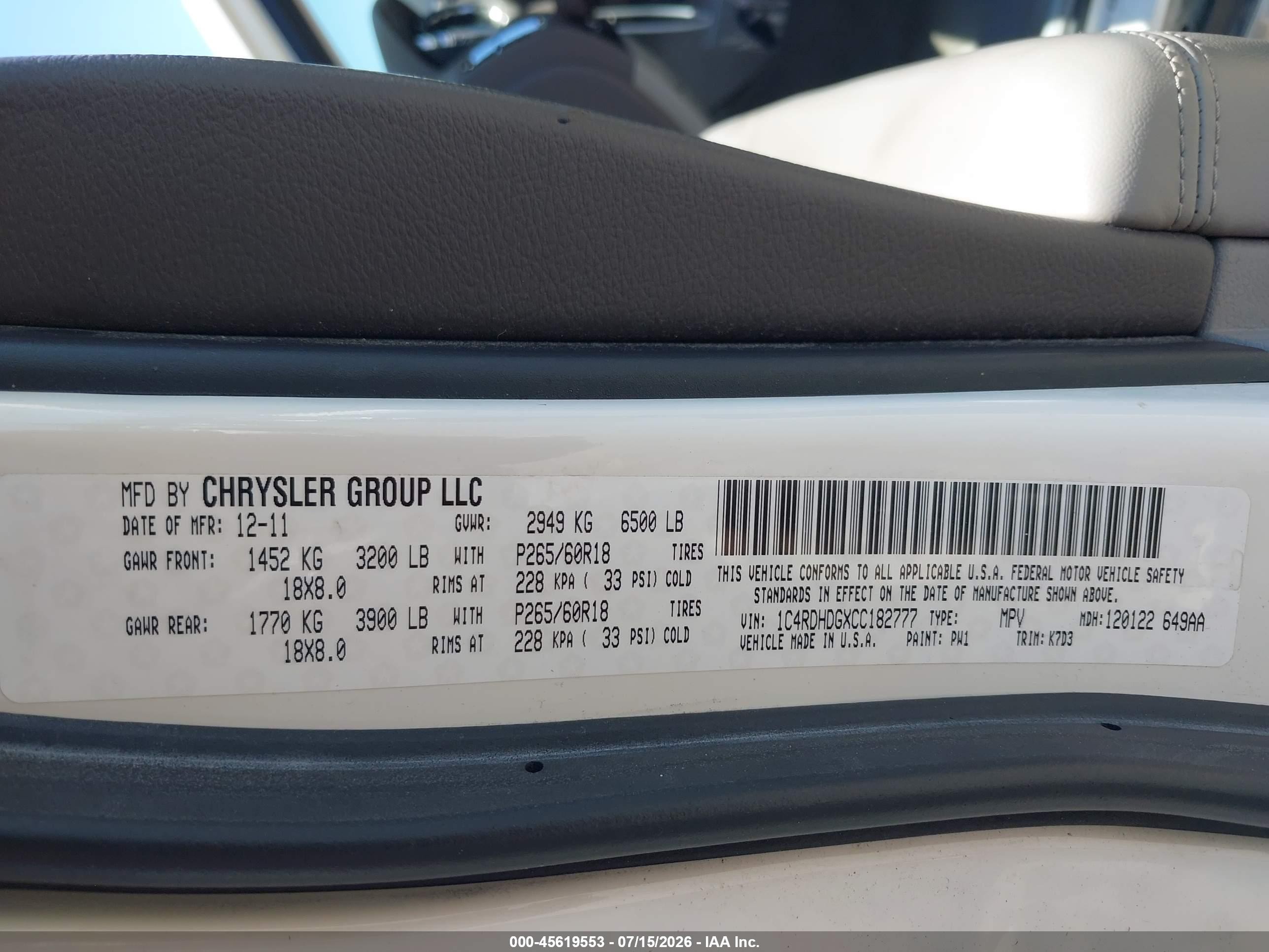 2012 Dodge Durango Crew White vin: 1C4RDHDGXCC182777