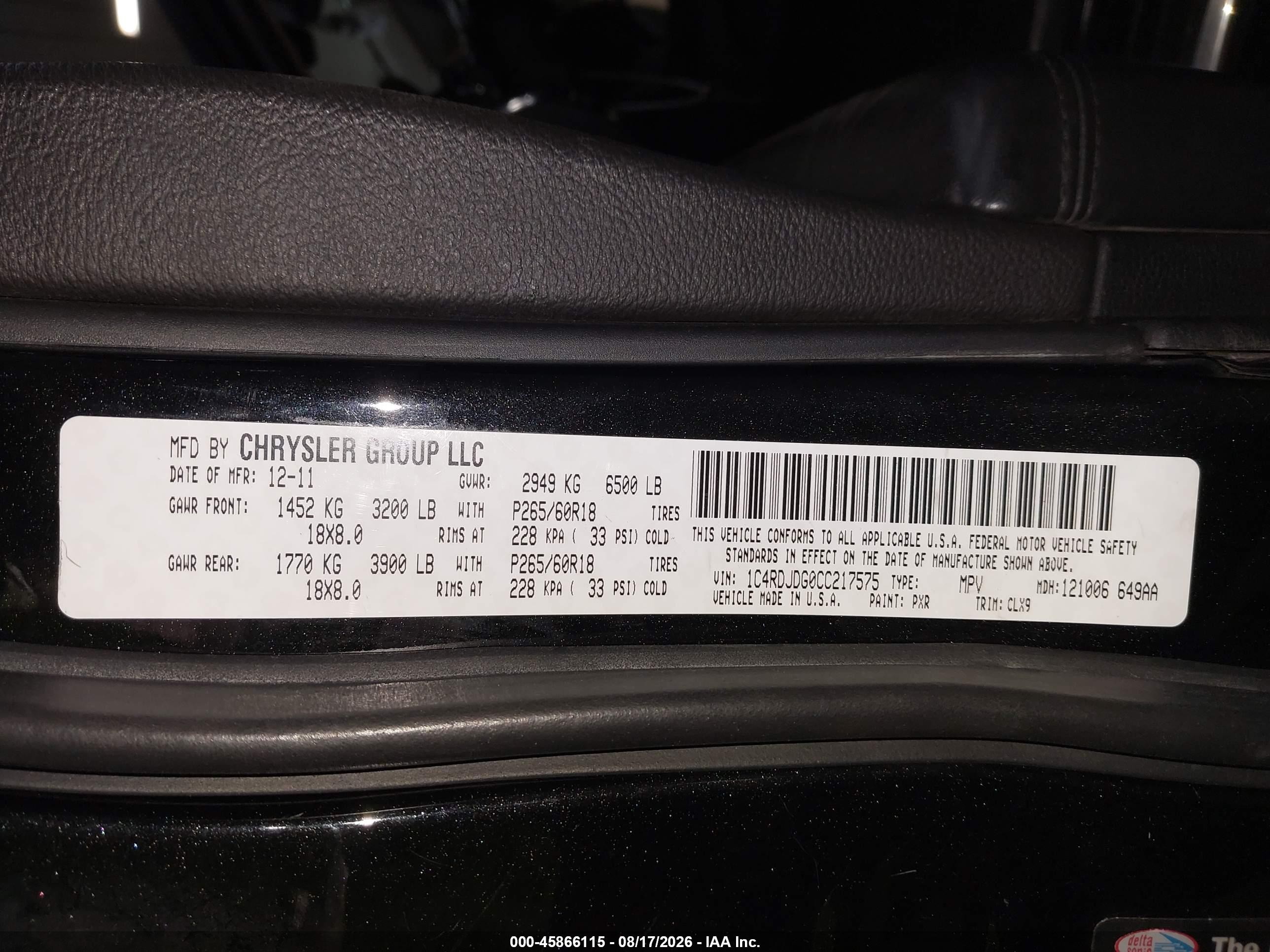 2012 Dodge Durango Crew Black vin: 1C4RDJDG0CC217575