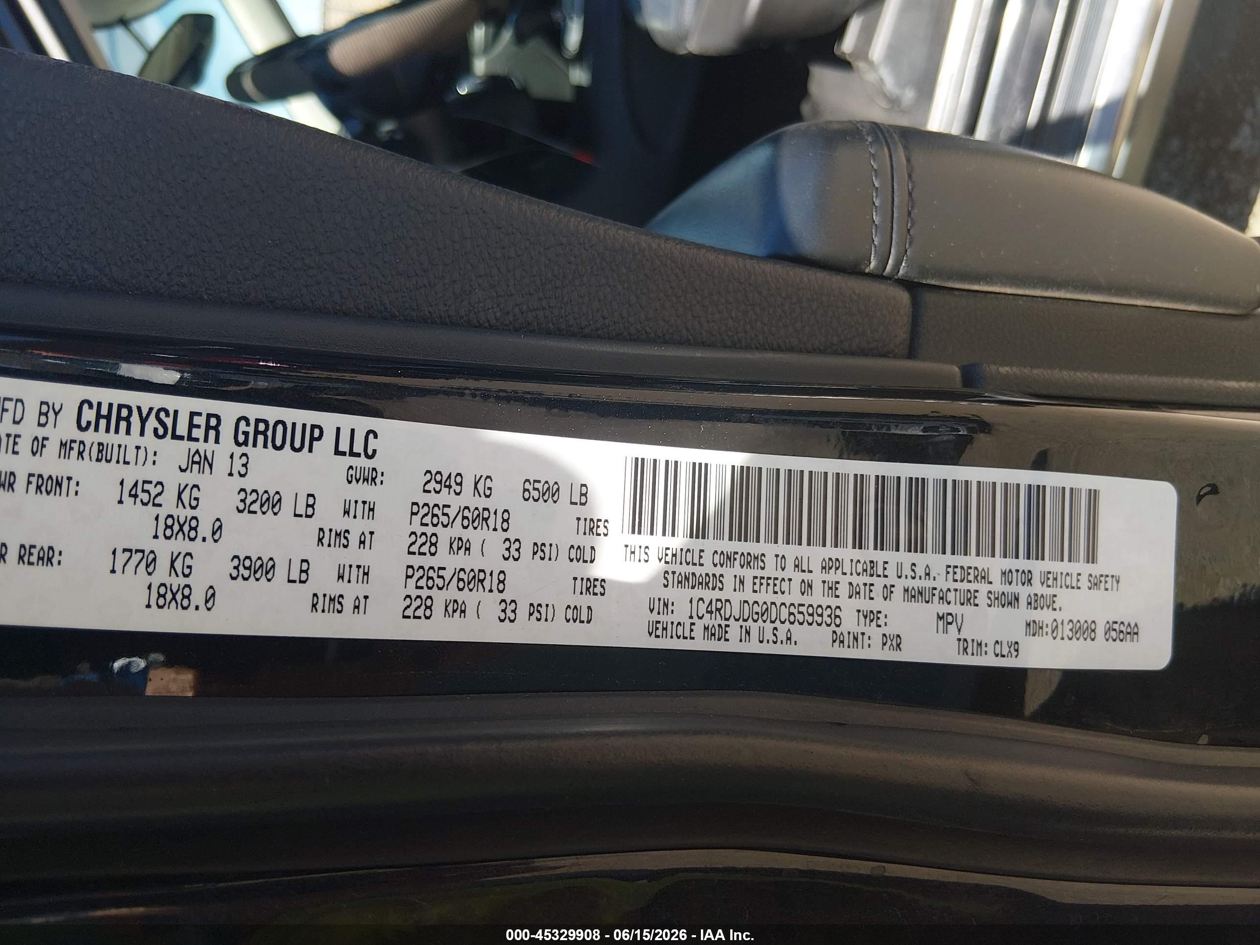 2013 Dodge Durango Crew Black vin: 1C4RDJDG0DC659936
