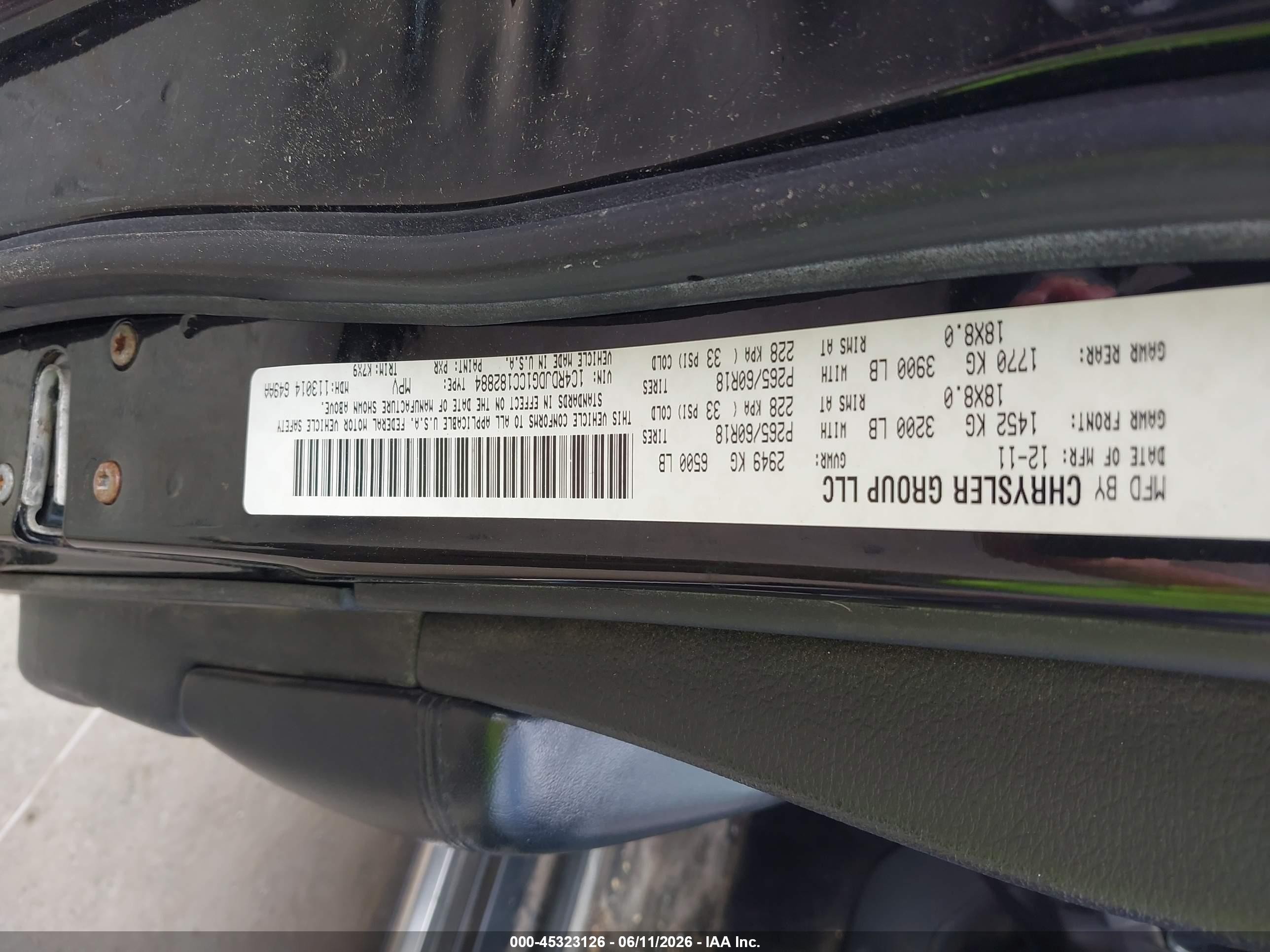 2012 Dodge Durango Crew Black vin: 1C4RDJDG1CC182884