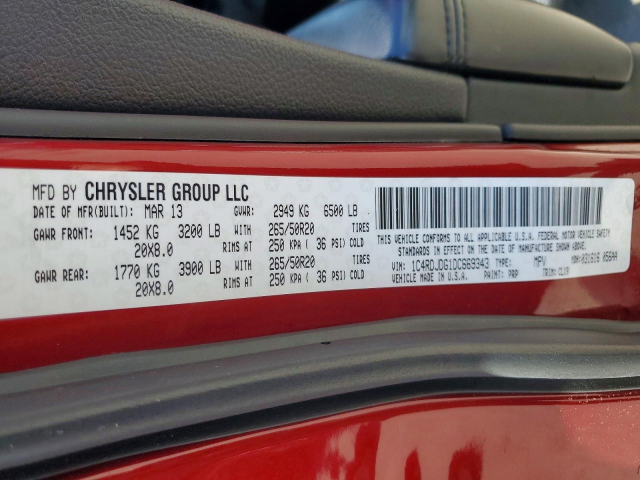 2013 Dodge Durano Red vin: 1C4RDJDG1DC669343