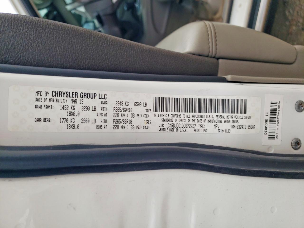 2013 Dodge Durango Crew White vin: 1C4RDJDG1DC672727