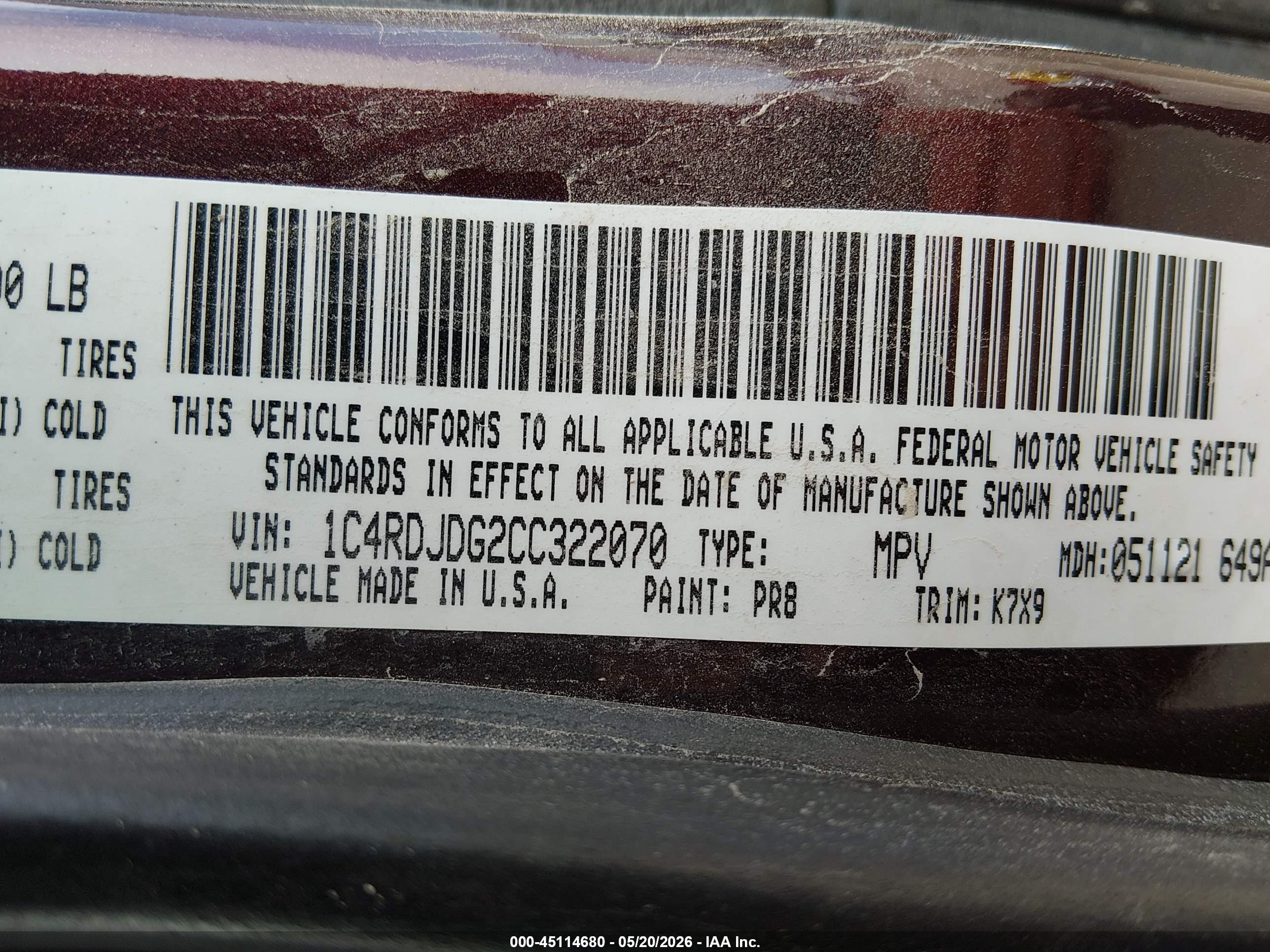 2012 Dodge Durango Crew Burgundy vin: 1C4RDJDG2CC322070
