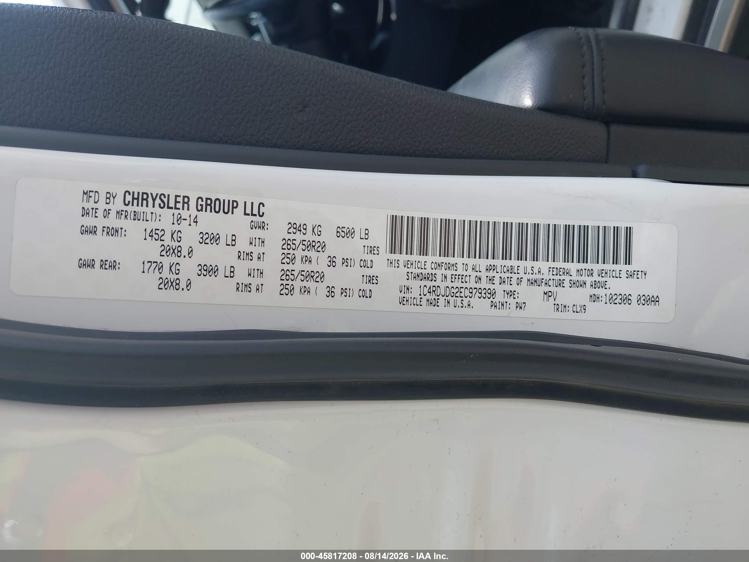 2014 Dodge Durango Limited Белый vin: 1C4RDJDG2EC979390