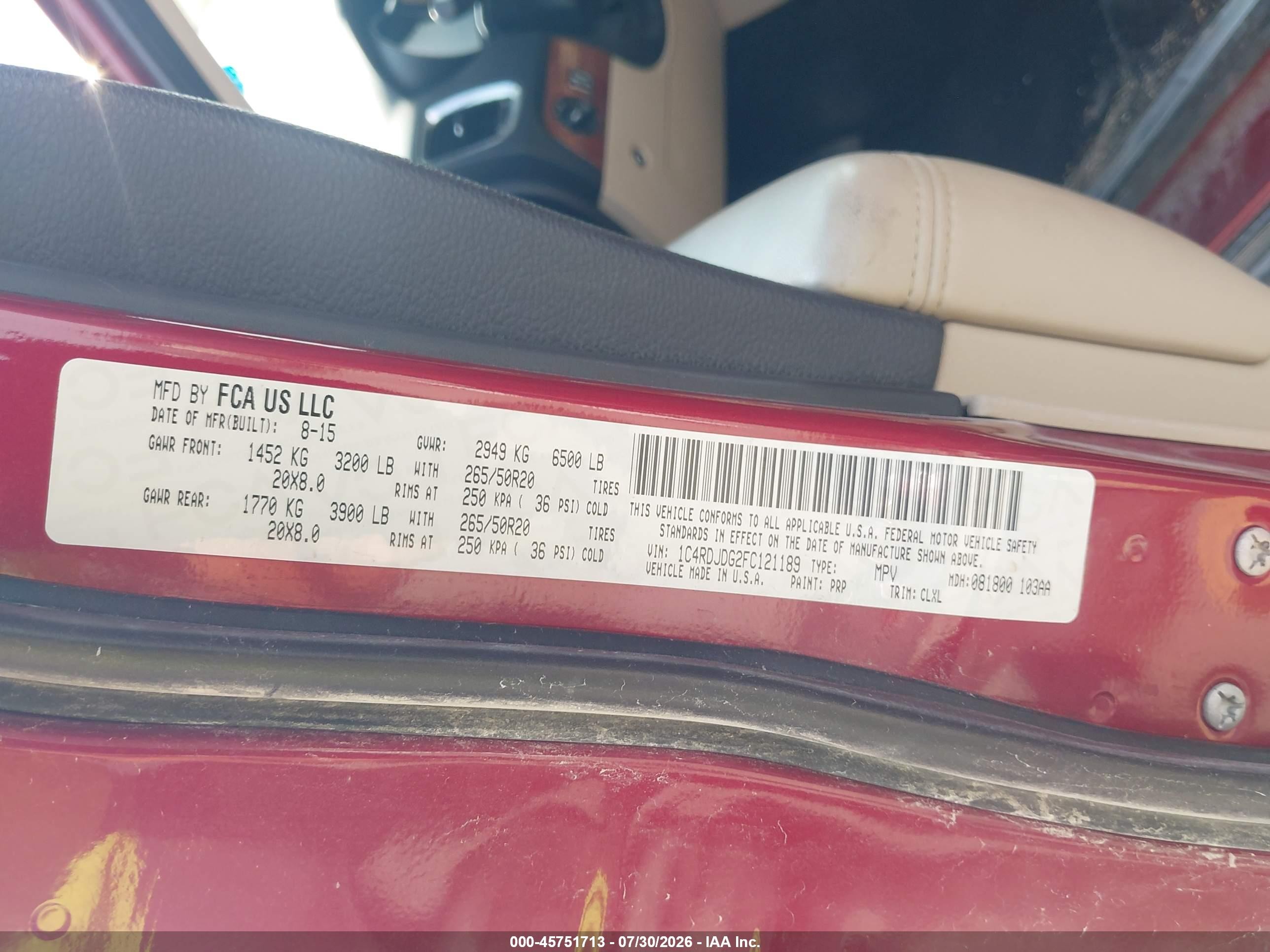 2015 Dodge Durango Limited Red vin: 1C4RDJDG2FC121189