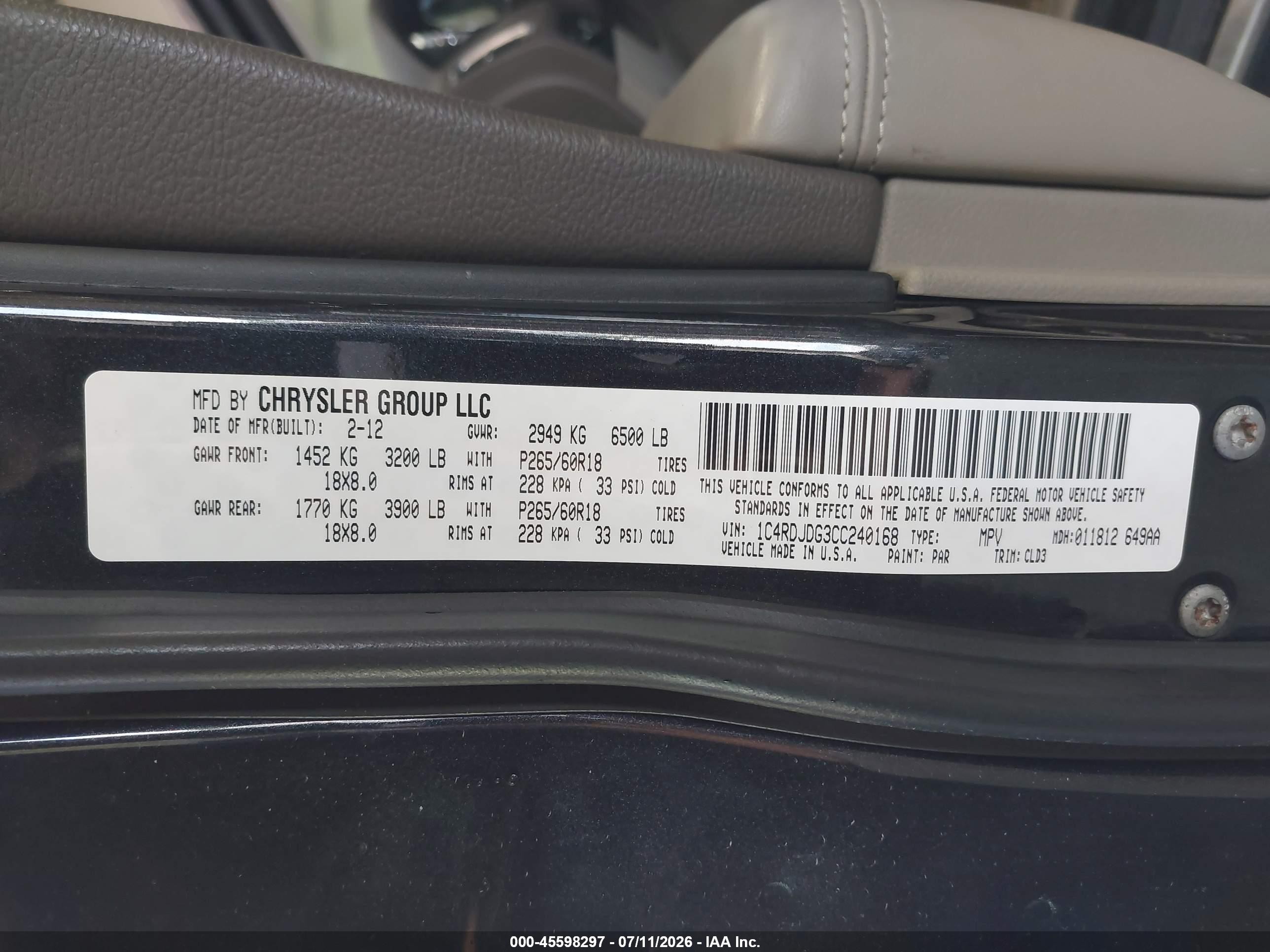 2012 Dodge Durango Crew Black vin: 1C4RDJDG3CC240168