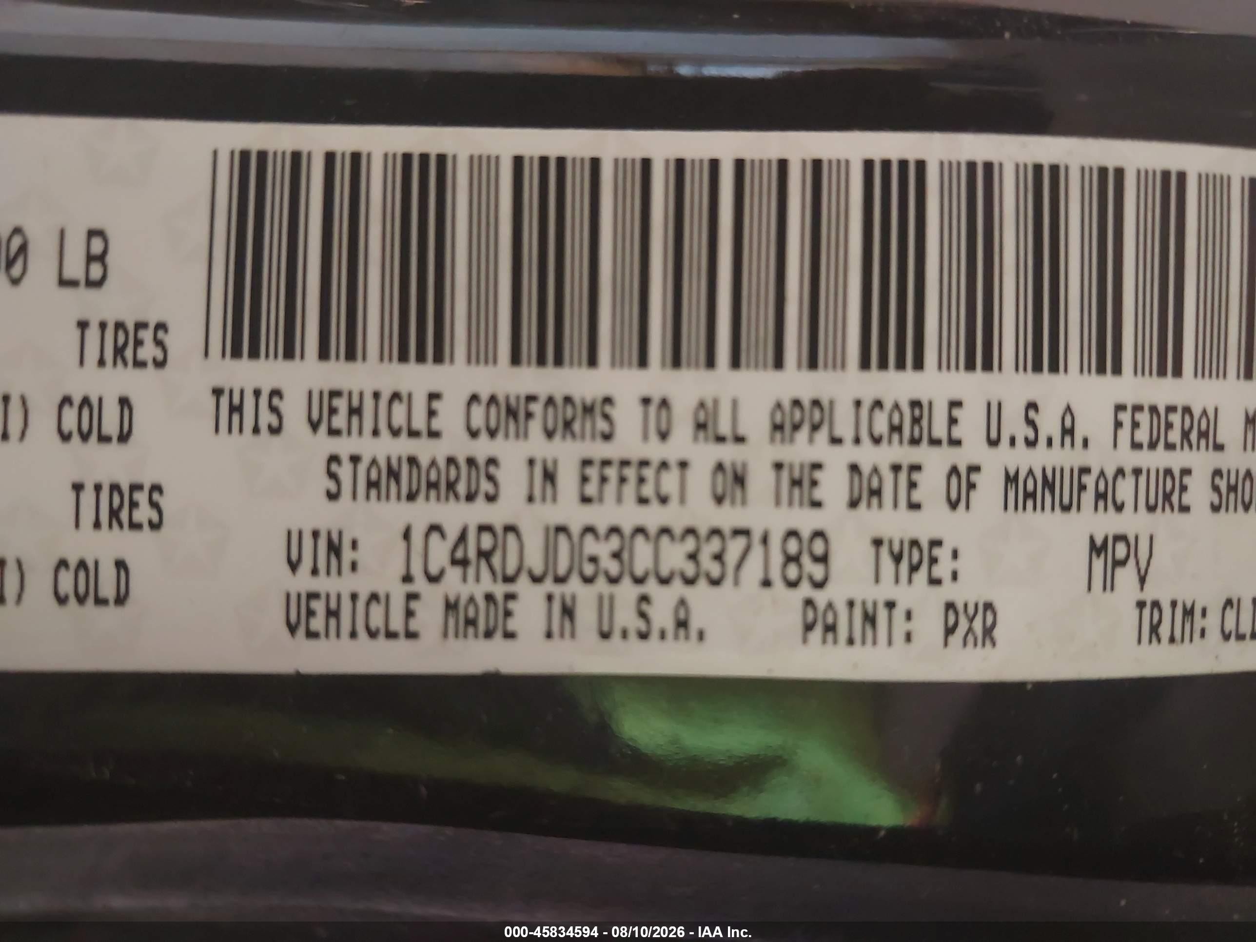 2012 Dodge Durango Crew Black vin: 1C4RDJDG3CC337189