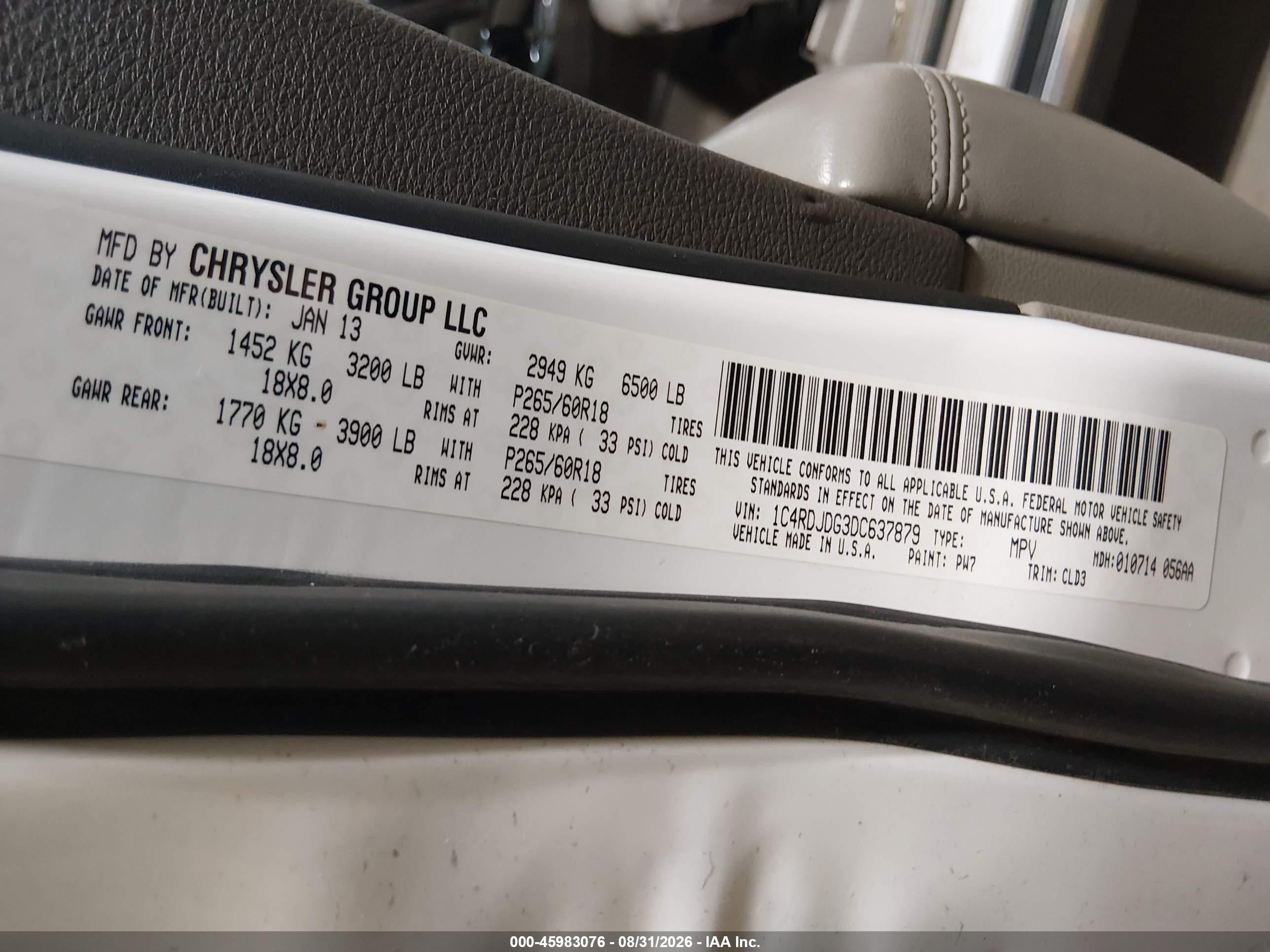 2013 Dodge Durango Crew White vin: 1C4RDJDG3DC637879