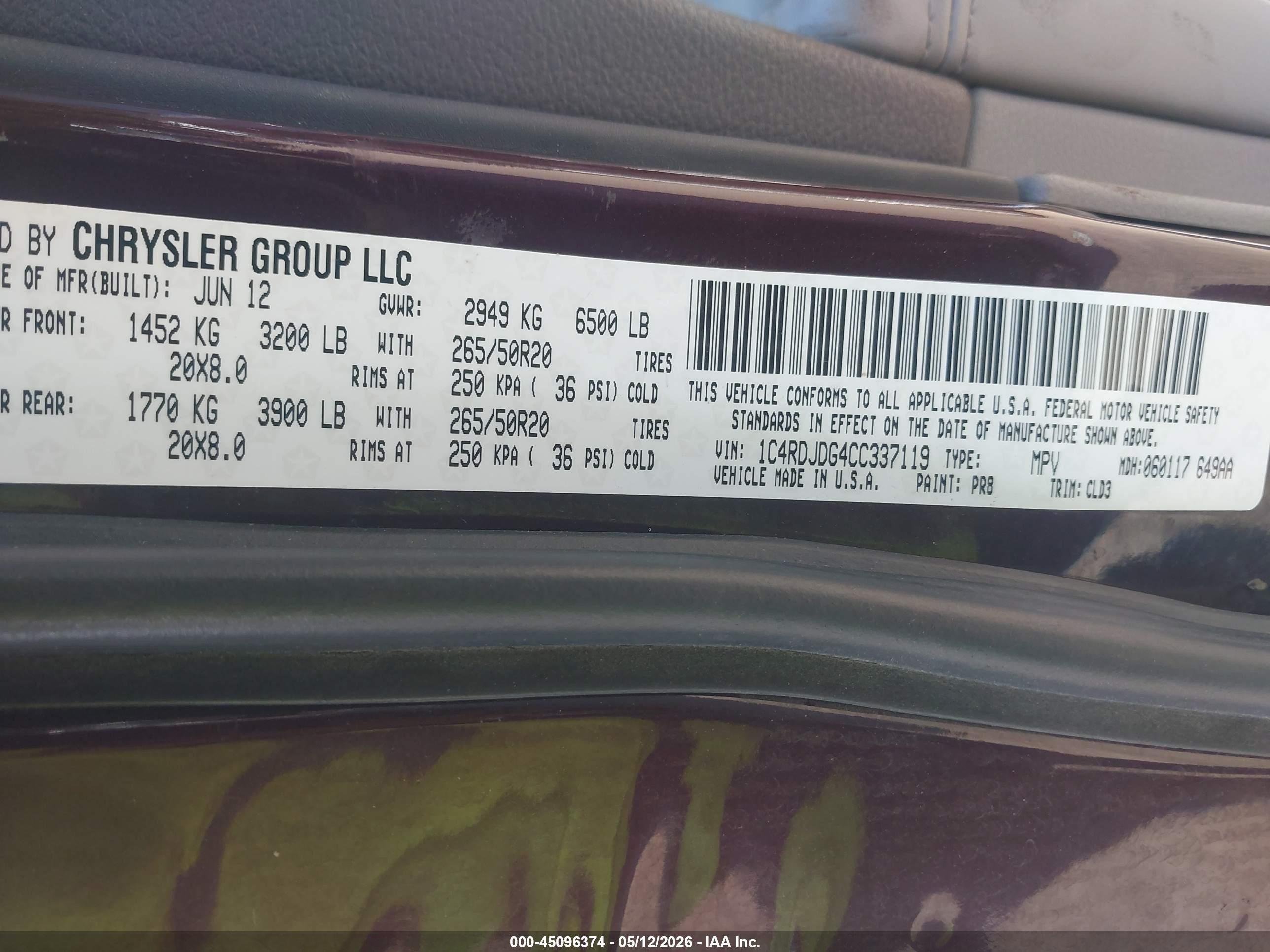 2012 Dodge Durango Crew Maroon vin: 1C4RDJDG4CC337119