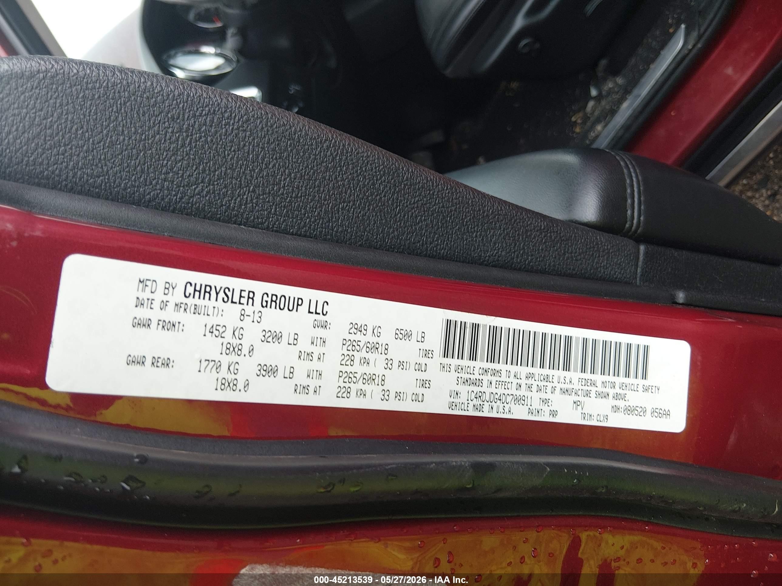 2013 Dodge Durango Crew Red vin: 1C4RDJDG4DC700911