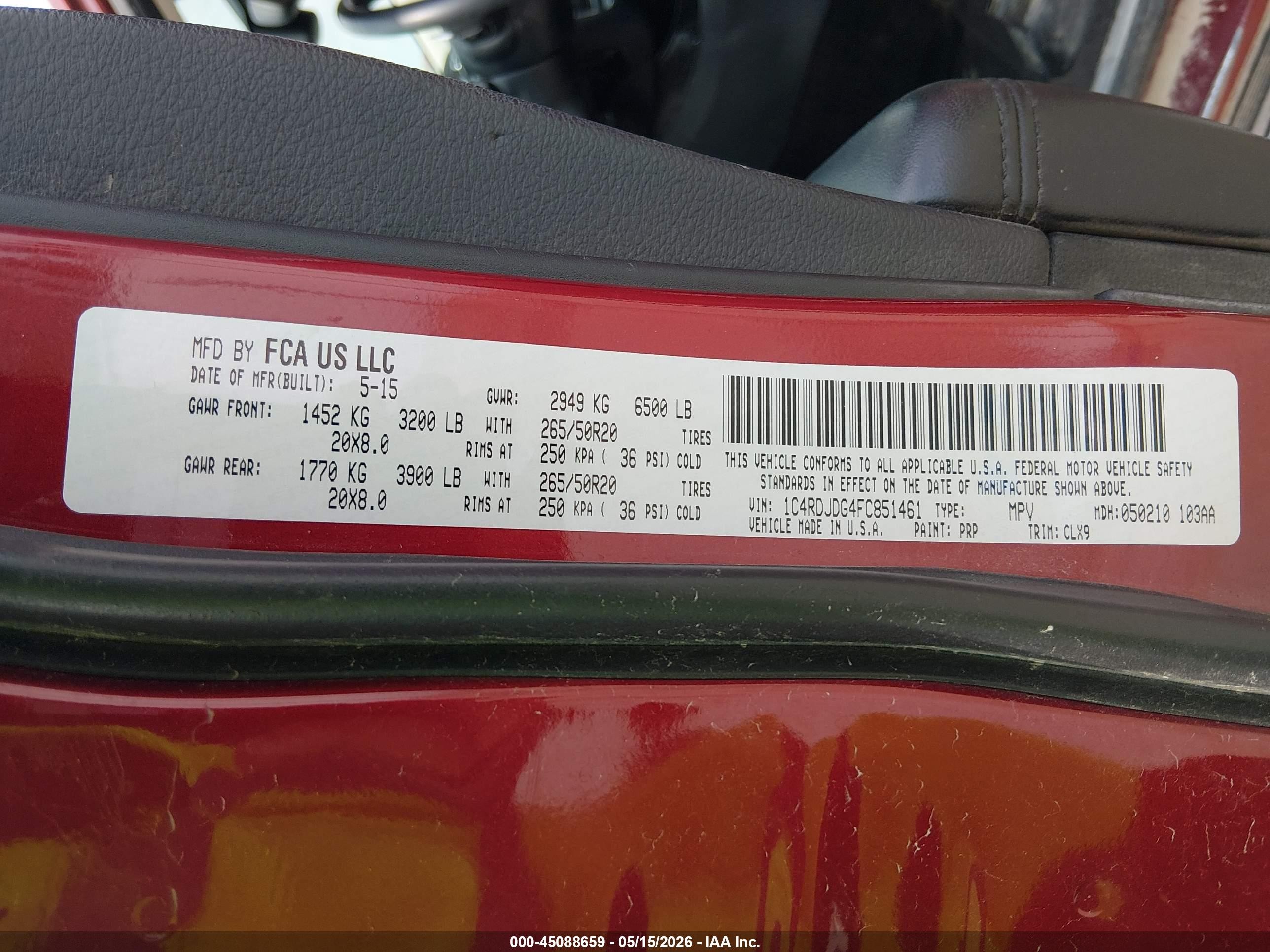 2015 Dodge Durango Limited Red vin: 1C4RDJDG4FC851461