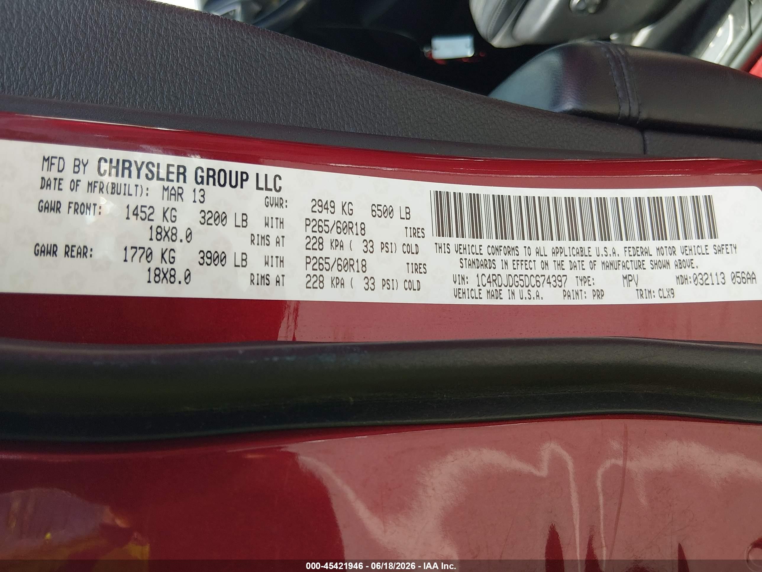 2013 Dodge Durango Crew Red vin: 1C4RDJDG5DC674397