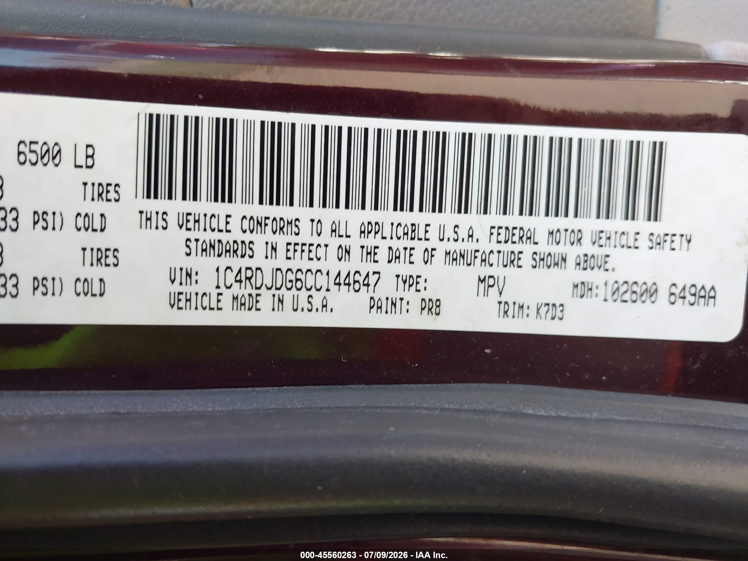2012 Dodge Durango Crew Purple vin: 1C4RDJDG6CC144647