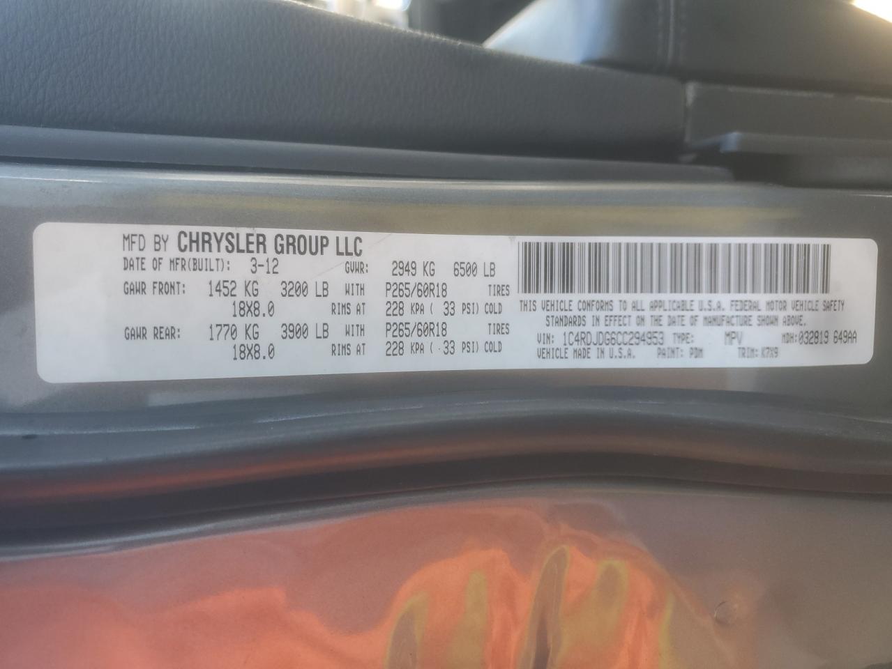 2012 Dodge Durango Crew Gray vin: 1C4RDJDG6CC294953