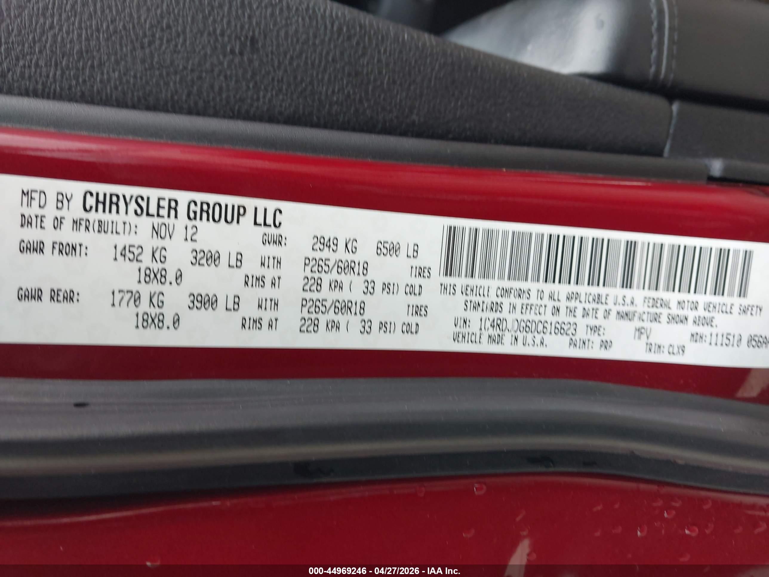 2013 Dodge Durango Crew Red vin: 1C4RDJDG6DC616623