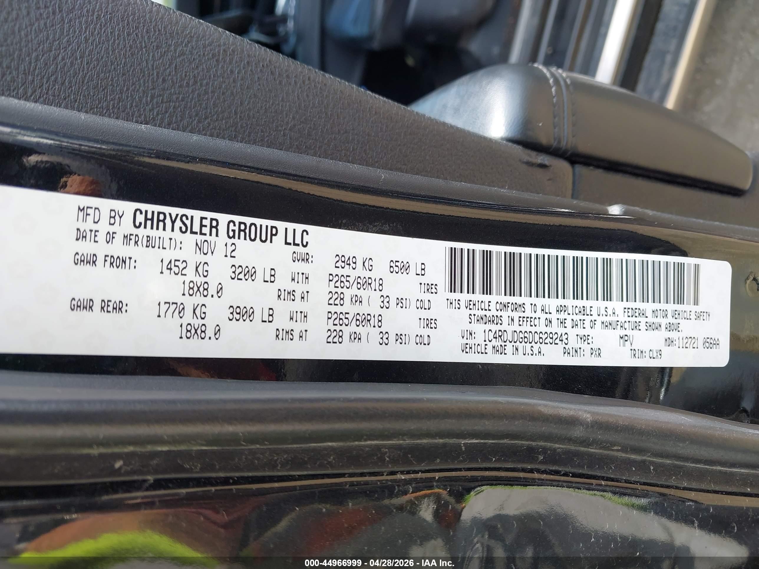 2013 Dodge Durango Crew Black vin: 1C4RDJDG6DC629243