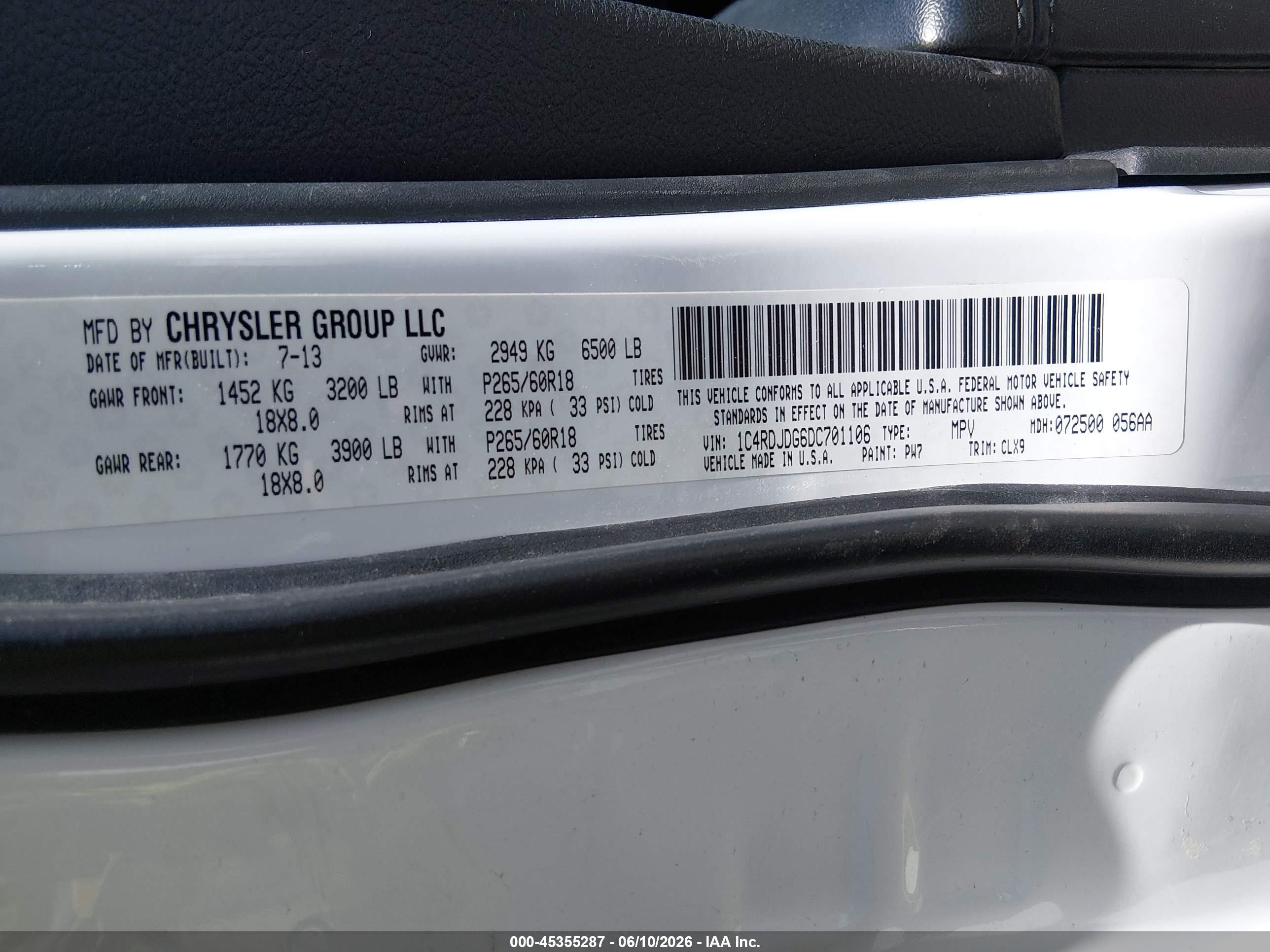 2013 Dodge Durango Crew White vin: 1C4RDJDG6DC701106