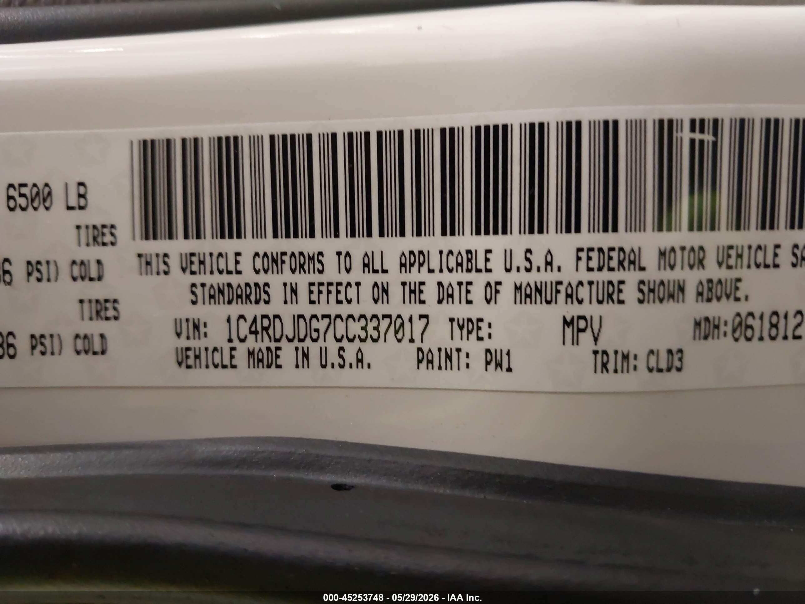 2012 Dodge Durango Crew White vin: 1C4RDJDG7CC337017